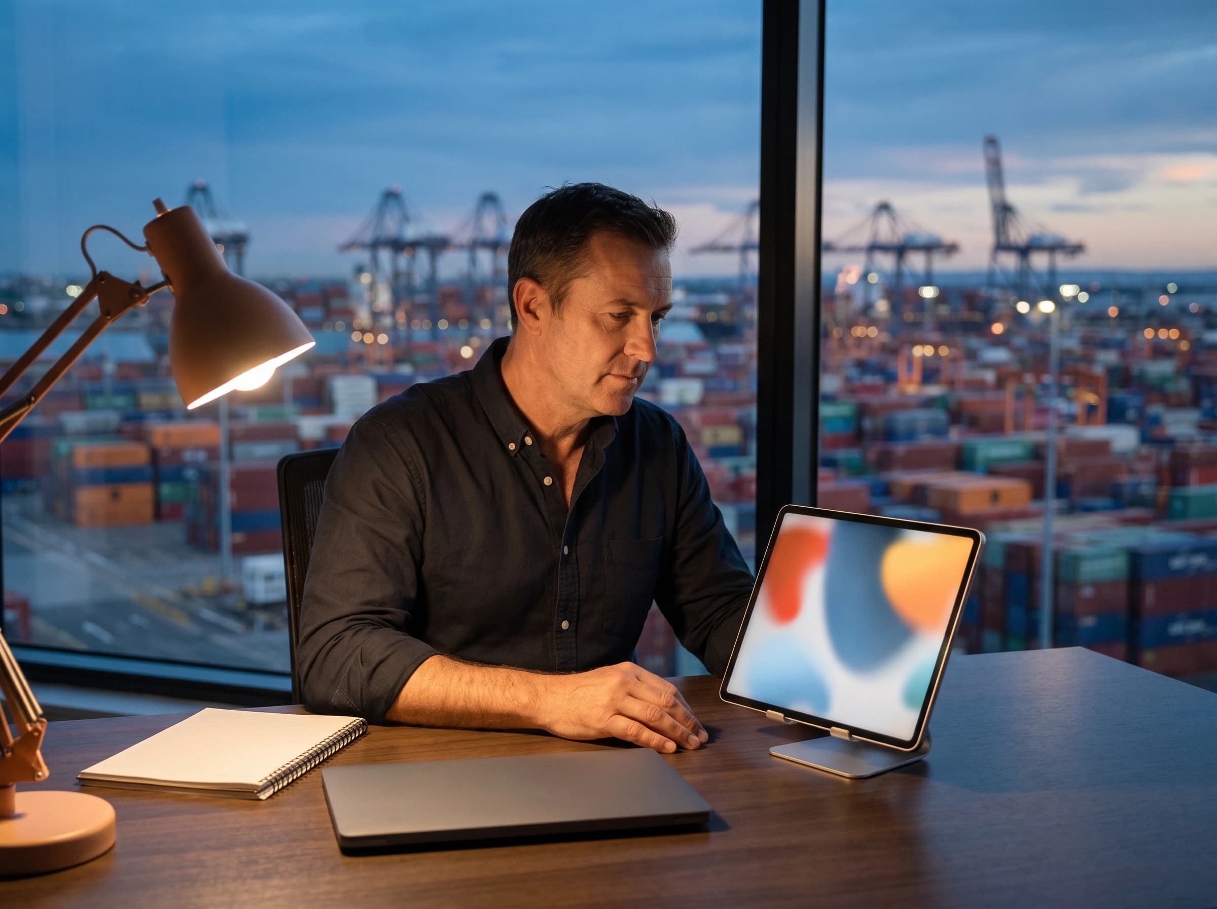 Photograph of a logistics professional reviewing updates on a tablet at an office desk at dusk, overlooking a busy Australian container port with cranes and stacked containers