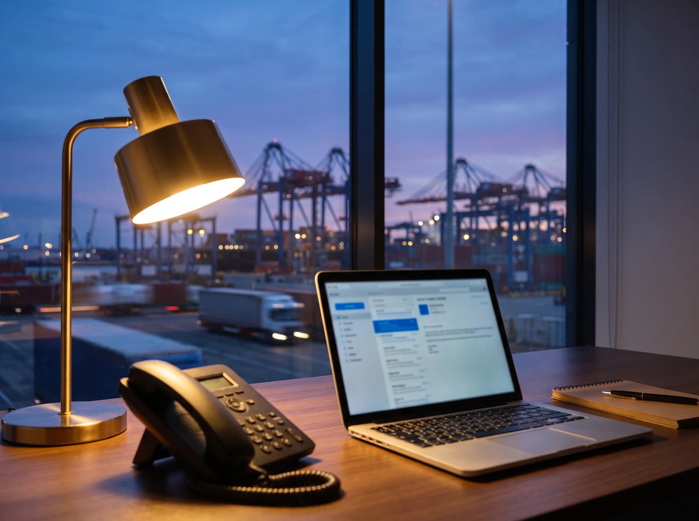 Photograph of an office desk at dusk with a phone and an open laptop showing a blurred inbox, overlooking a shipping port through the window