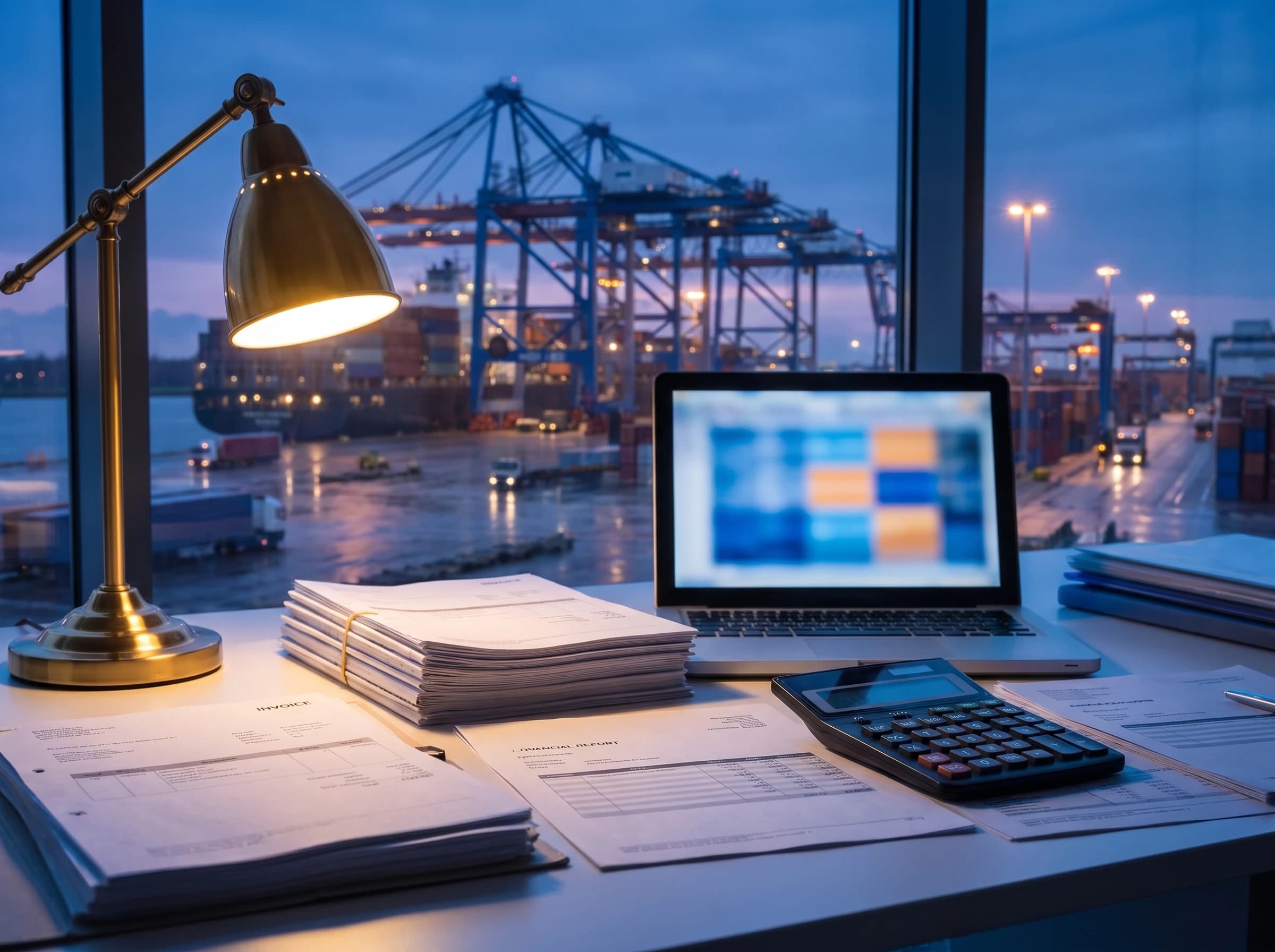 Photograph of a finance office desk at dusk with invoices, a calculator, and a laptop, overlooking a shipping port through the window