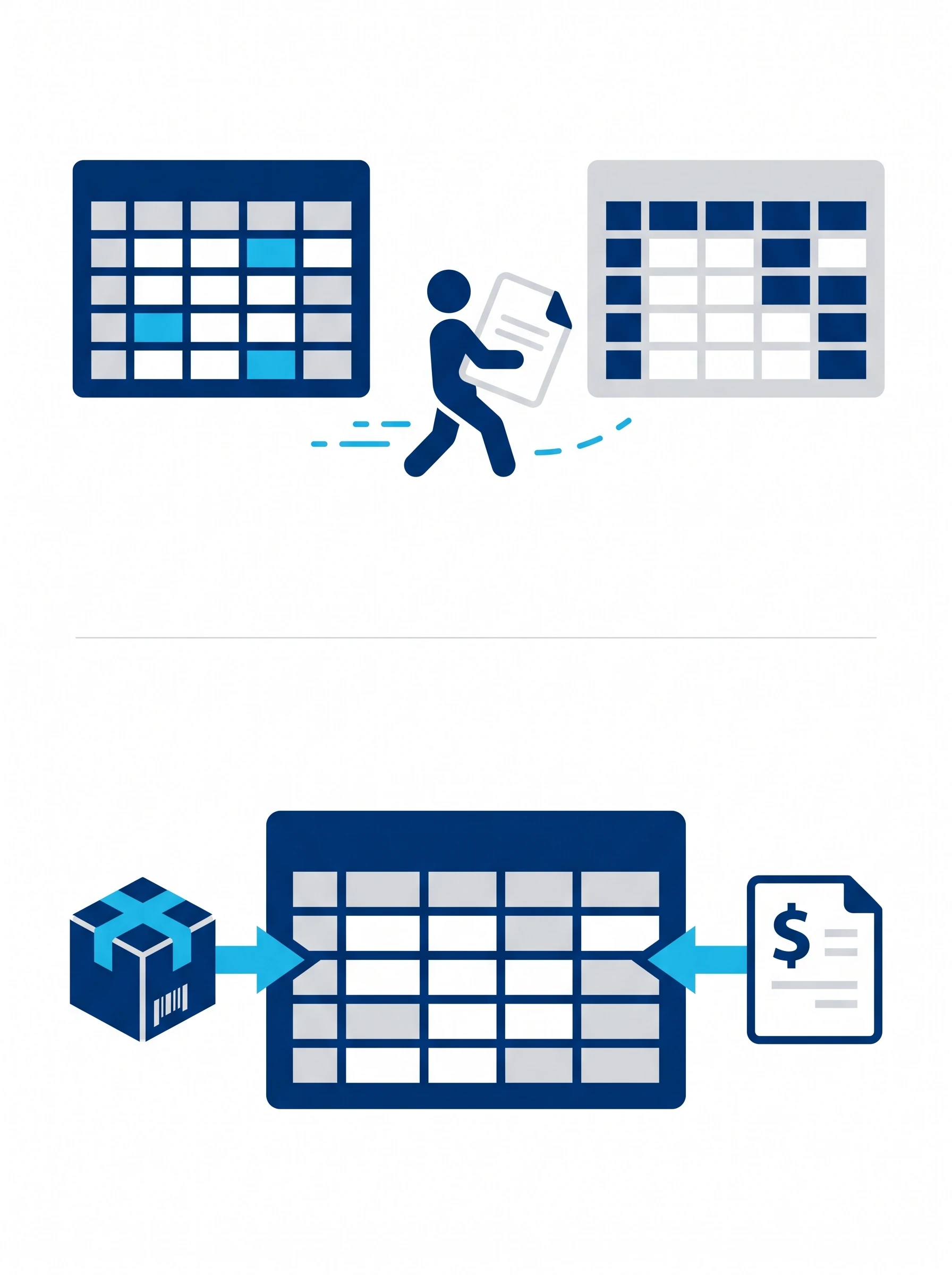 Illustration of two separate ledgers requiring a person to manually carry data between them, versus one unified ledger connected directly to both a shipment and an invoice