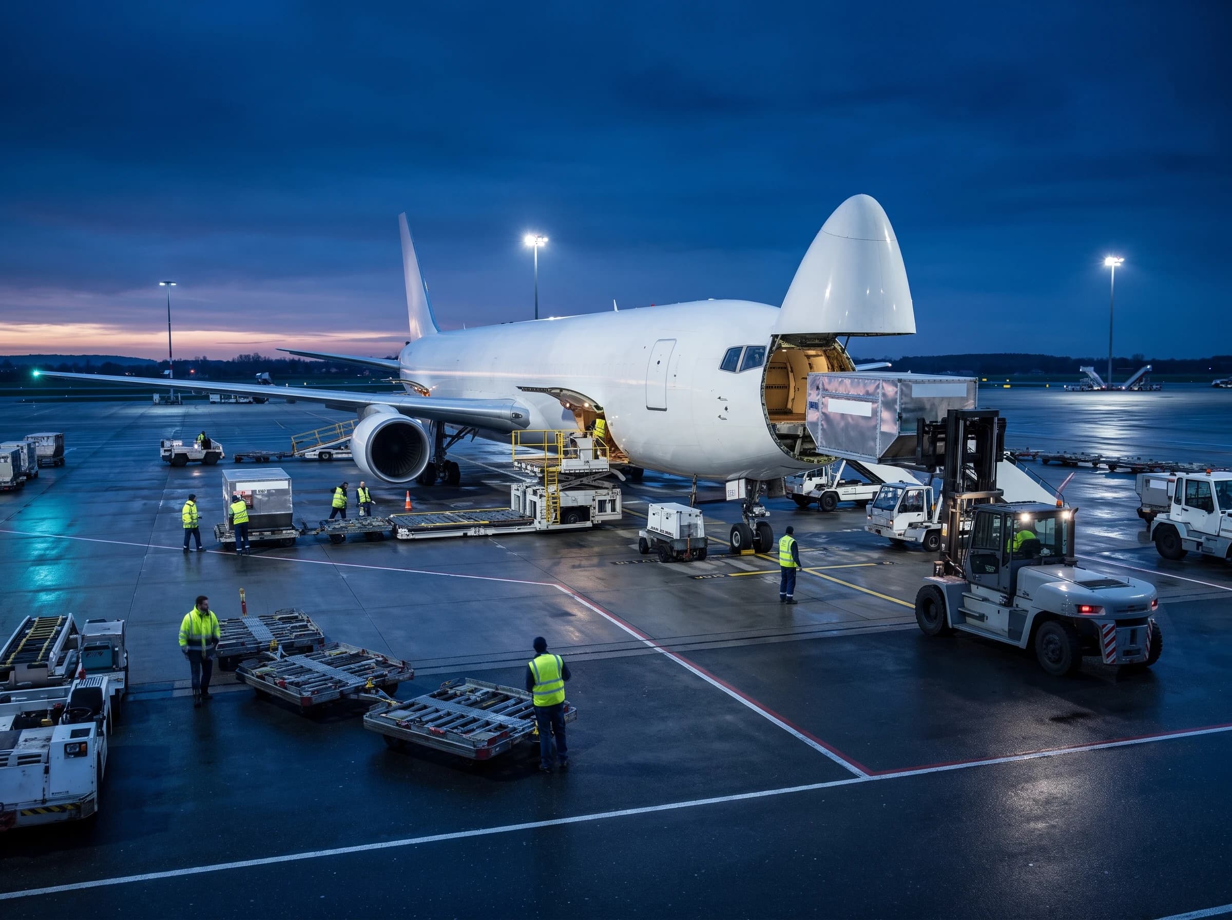 Photograph of a cargo airplane on an airport tarmac at dusk being loaded with freight containers by ground crew