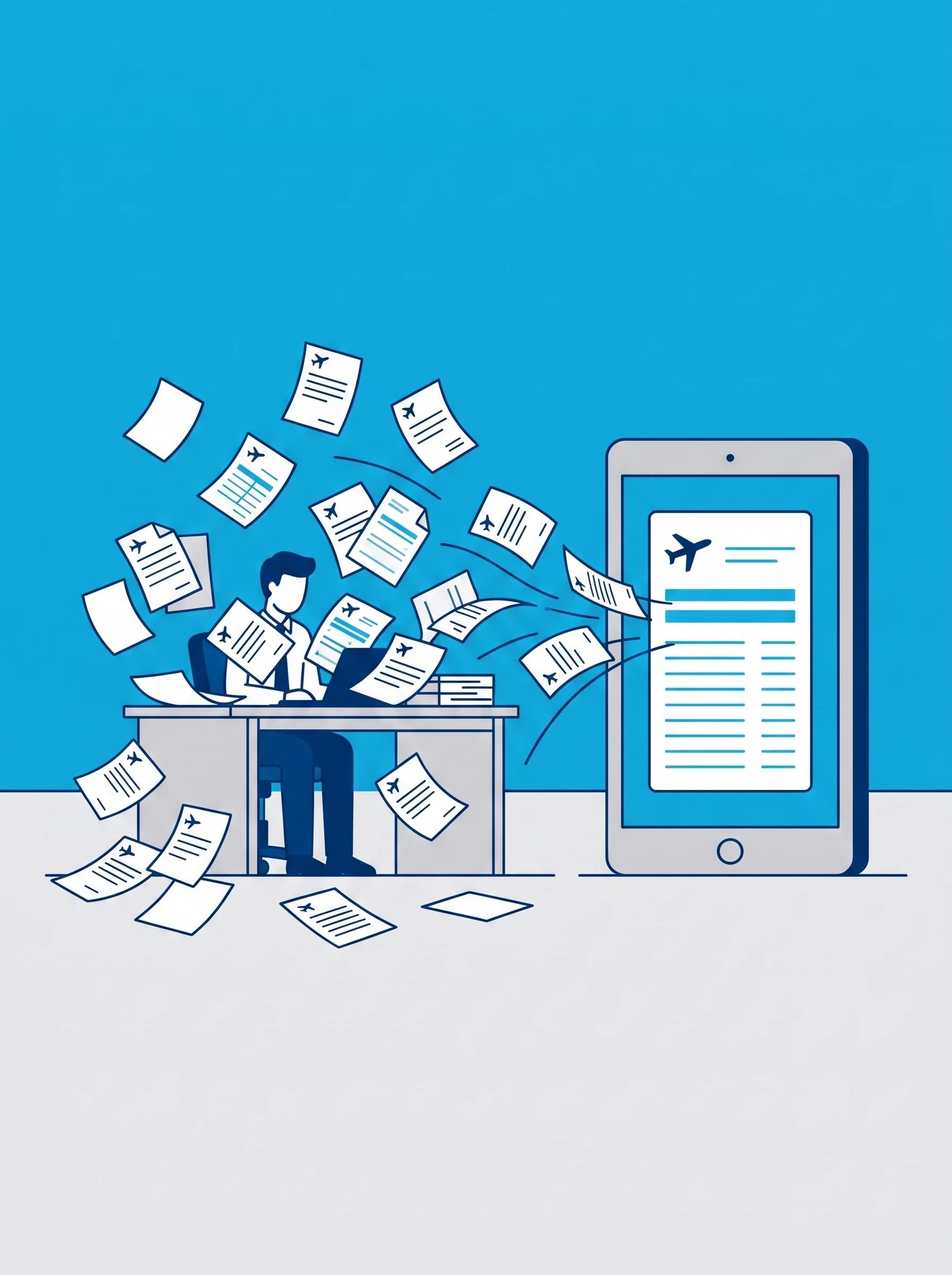 Illustration of a forwarder's desk buried in scattered booking sheets and waybills, all consolidating into one organized tablet screen