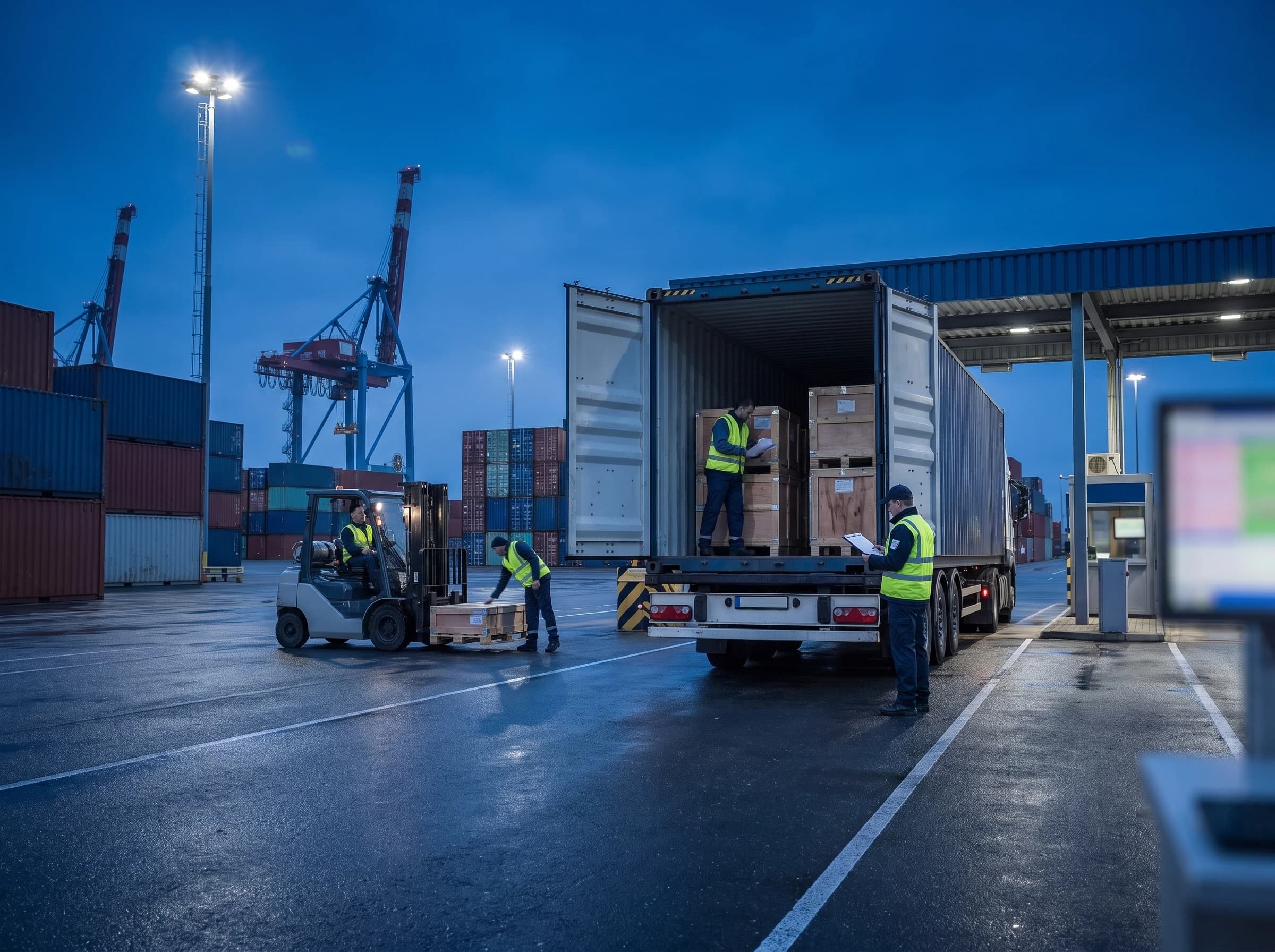 Photograph of a customs inspection at a shipping port at dusk, with officials in hi-vis vests checking a truck and open shipping container near a checkpoint booth