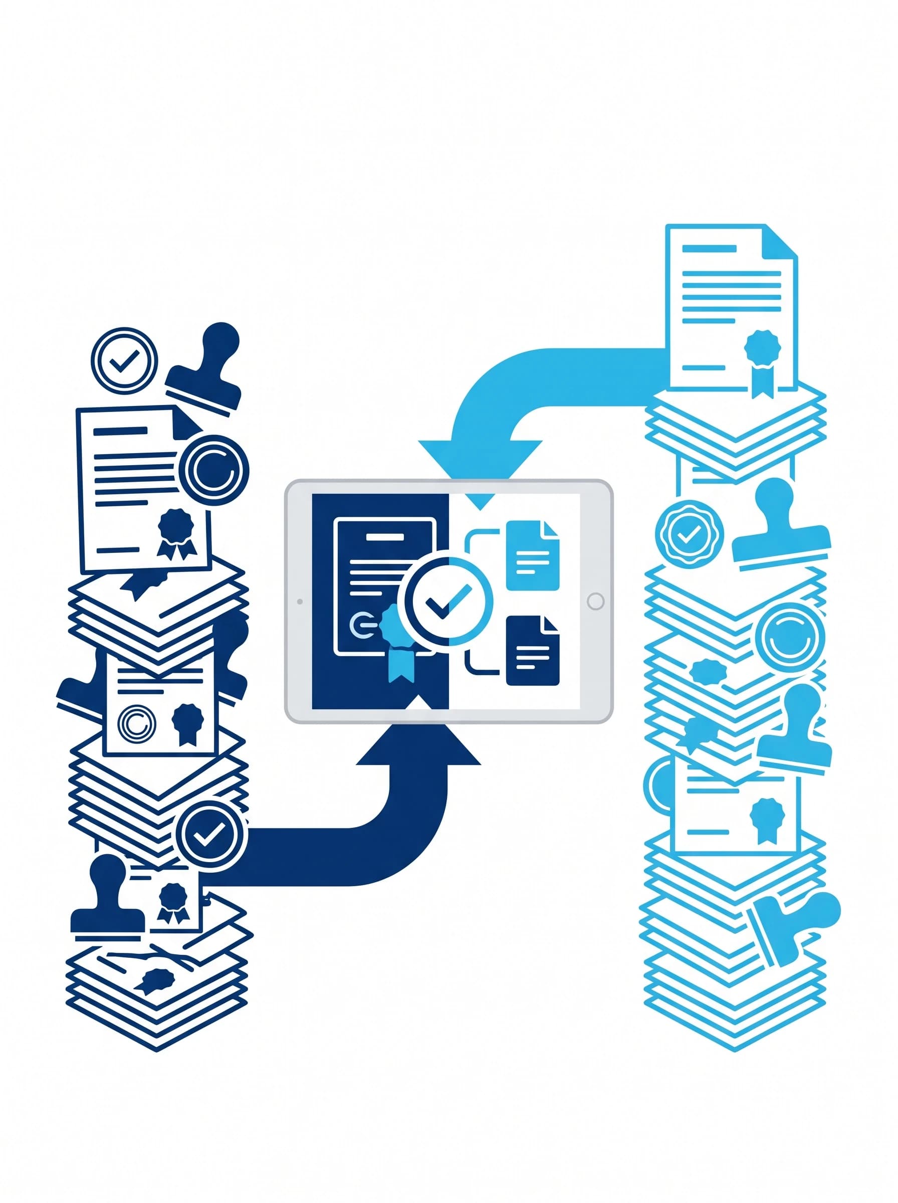 Illustration of two separate stacks of official customs documents and stamps, one navy and one cyan, converging into a single shared clearance tablet screen