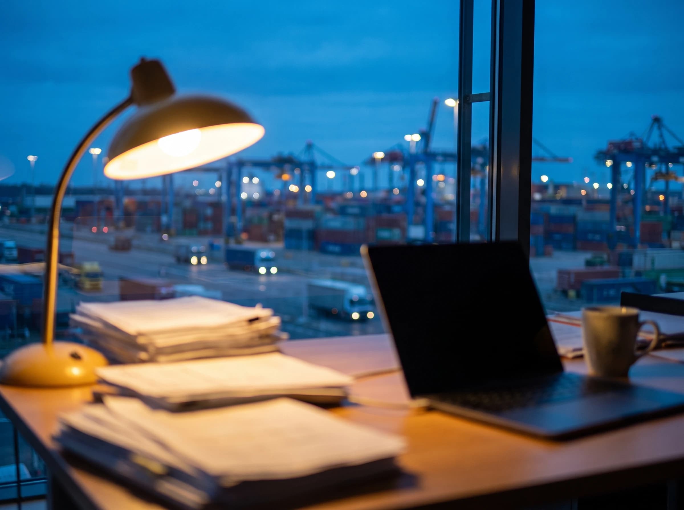 Photograph of a freight-forwarding office desk at dusk, a stack of shipping documents beside an open laptop with a port yard visible through the window behind