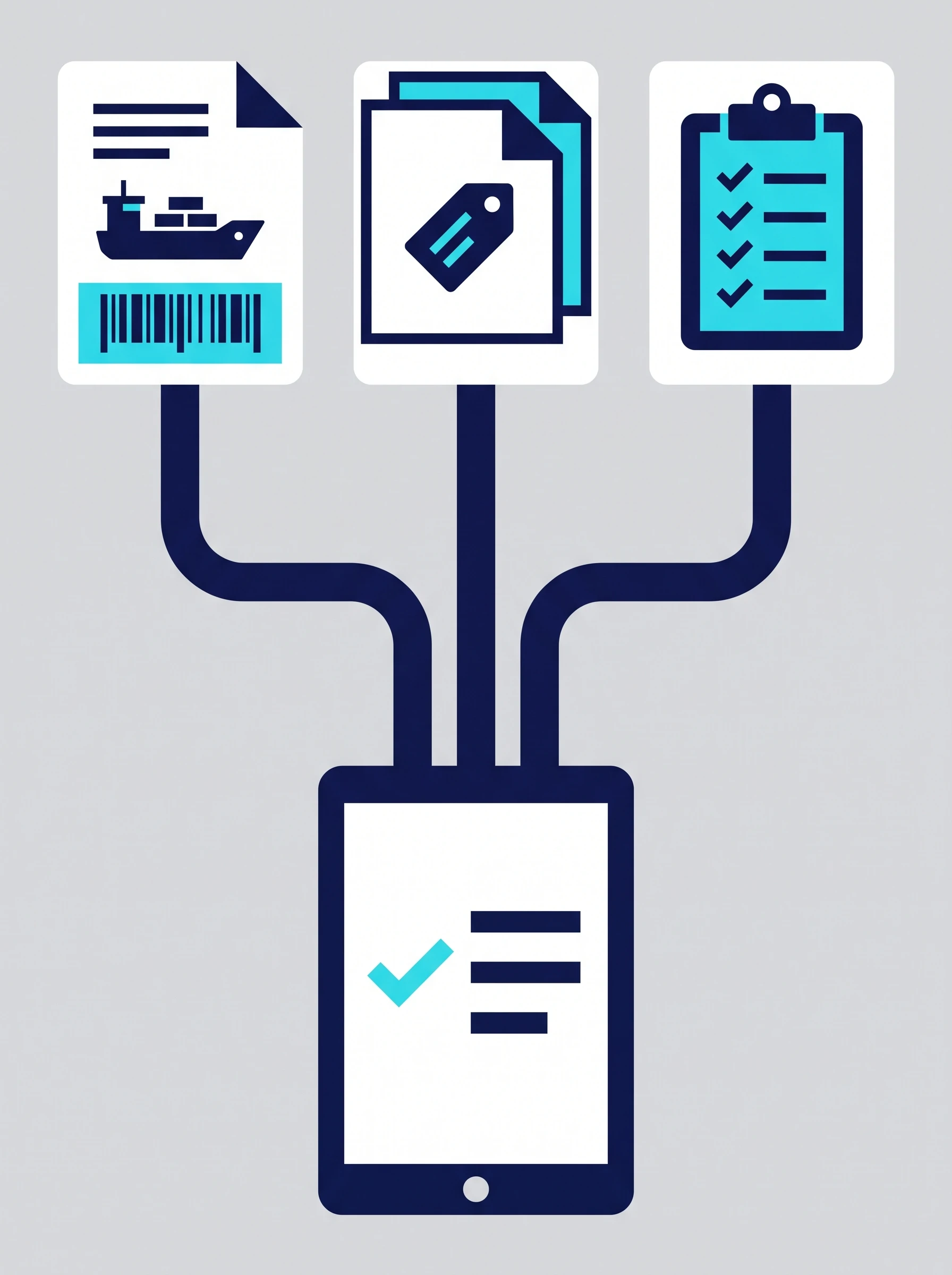 Illustration of a bill of lading, a house bill, and a packing list each converging into one verified digital shipment record