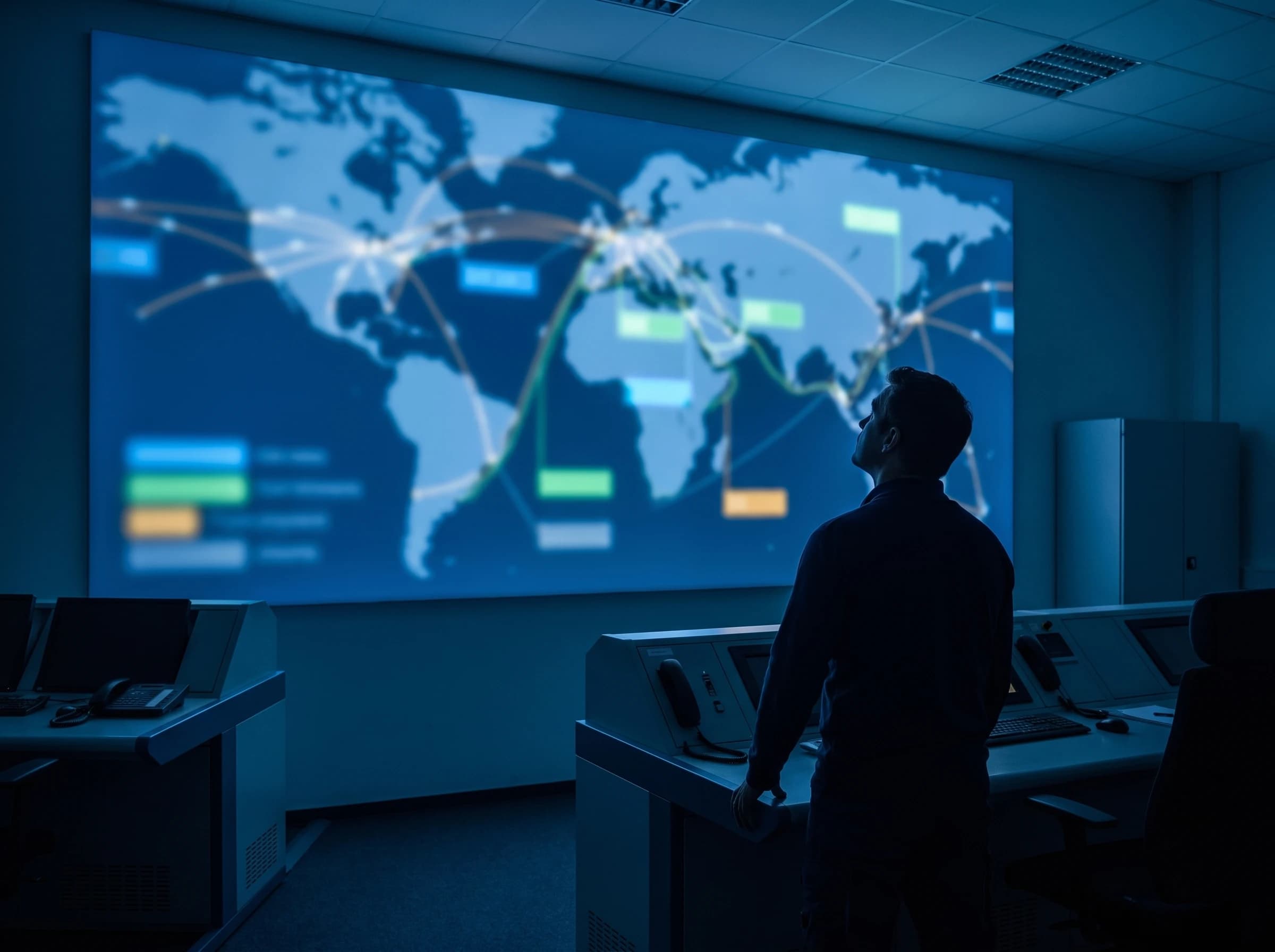 Photograph of an operations person silhouetted in a night-time control room, looking up at a large wall screen displaying a blurred global shipment tracking map