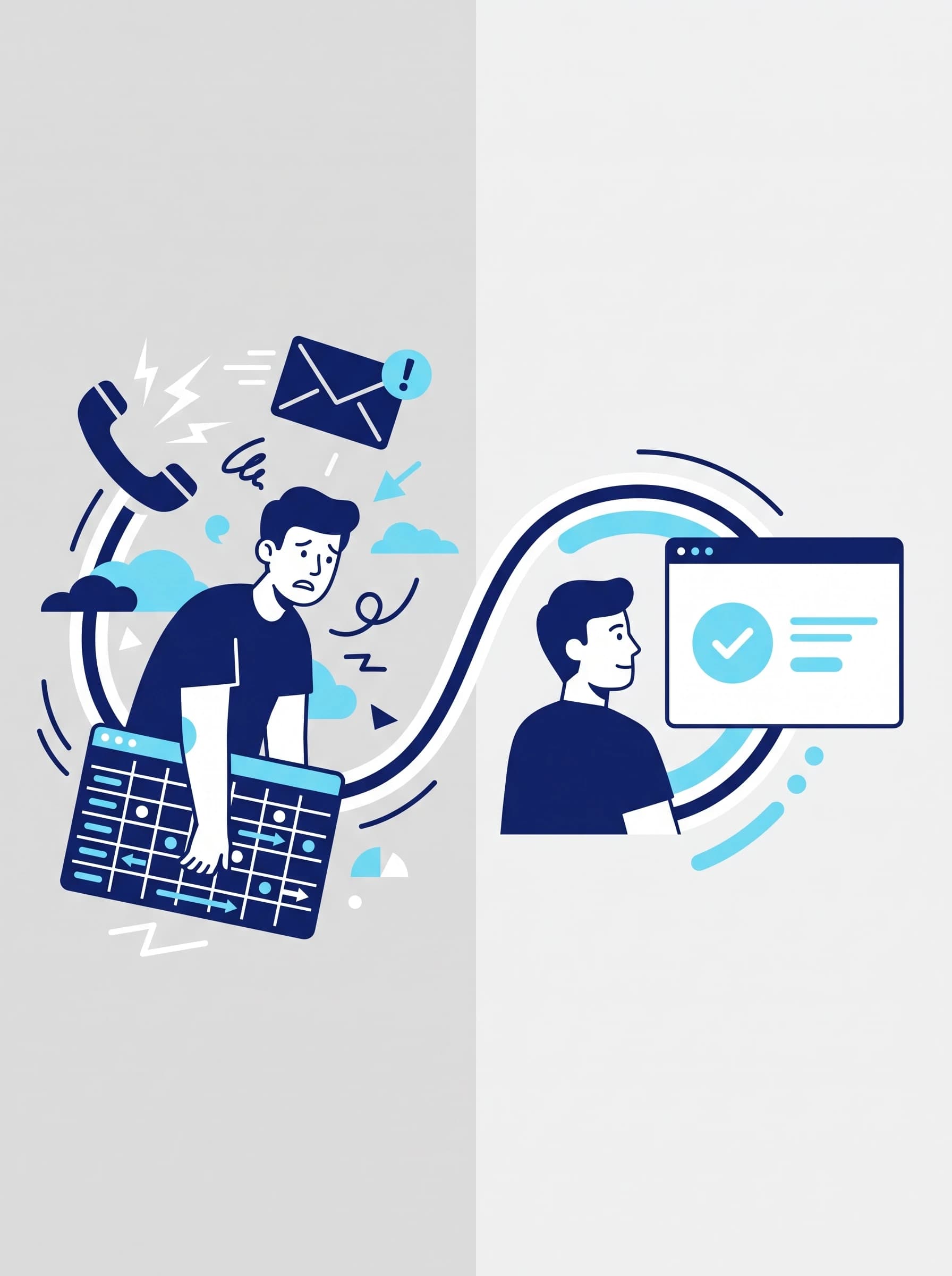 Illustration of a stressed person surrounded by a ringing phone, an urgent email, and a spreadsheet, transforming into the same person calmly viewing one clean live status screen