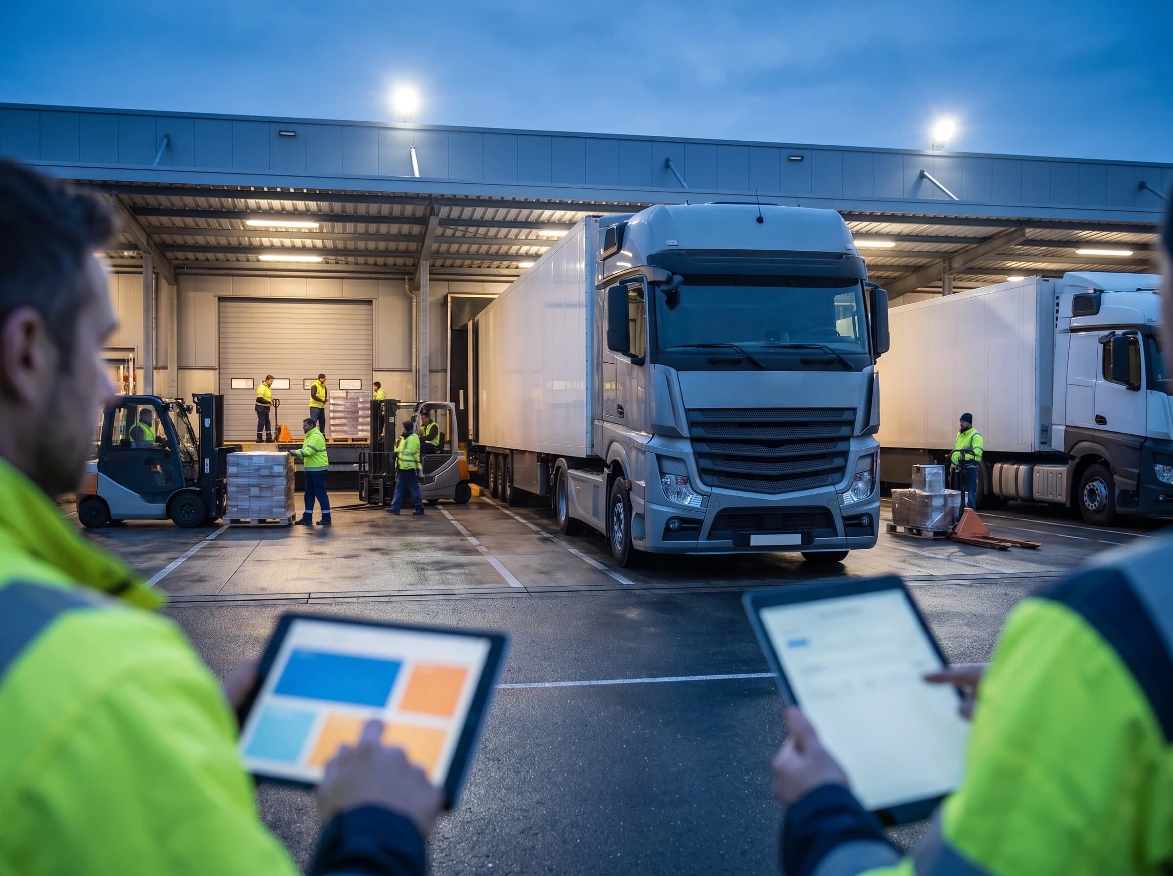 Photograph of a logistics worker at a freight dock at dusk checking shipment status on a tablet while trucks are loaded in the background