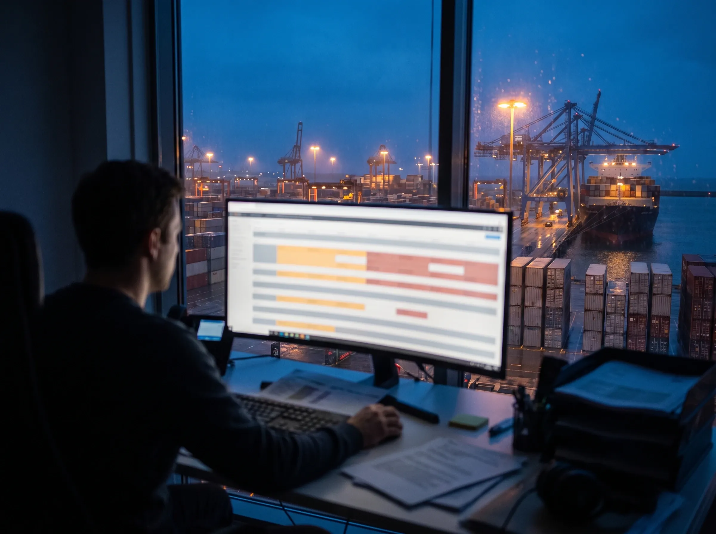 Photograph of a freight operations coordinator at a desk at dusk reviewing a colour-coded work queue on a large monitor, with a container port and gantry cranes visible through the window behind