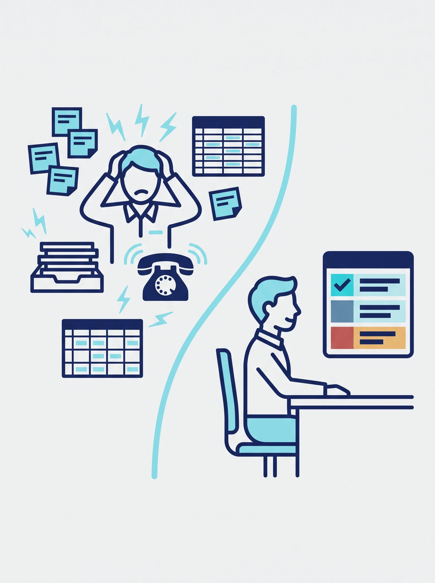 Illustration contrasting a stressed freight coordinator surrounded by sticky notes, paper and a ringing phone with a coordinator calmly working through one ordered, colour-coded checklist