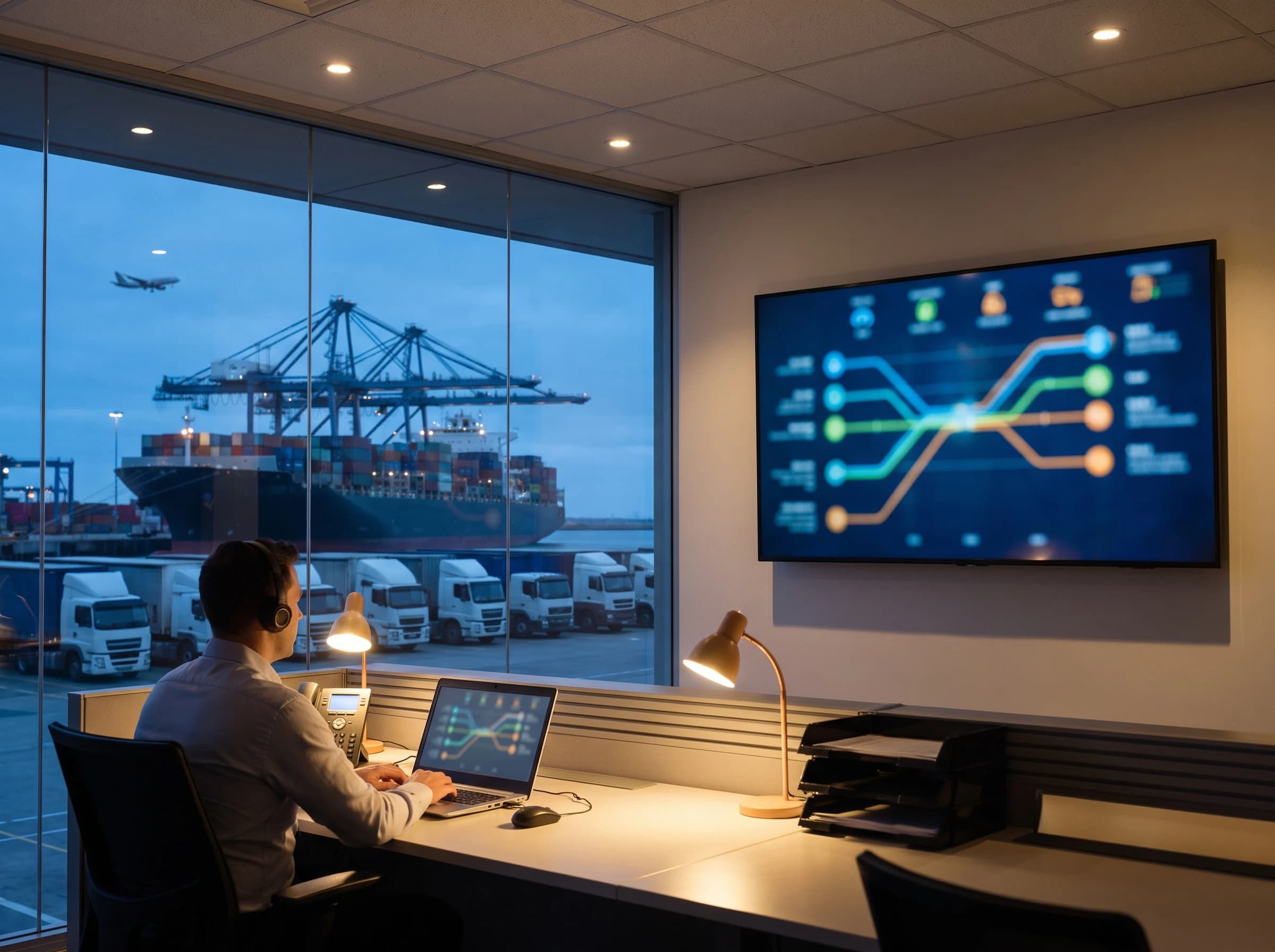 Photograph of a logistics operations manager at a desk at dusk with an open laptop and a unified dashboard on a wall-mounted screen, overlooking an Australian multi-modal port with a container ship, gantry cranes, a queue of trucks, and a departing cargo plane at blue hour