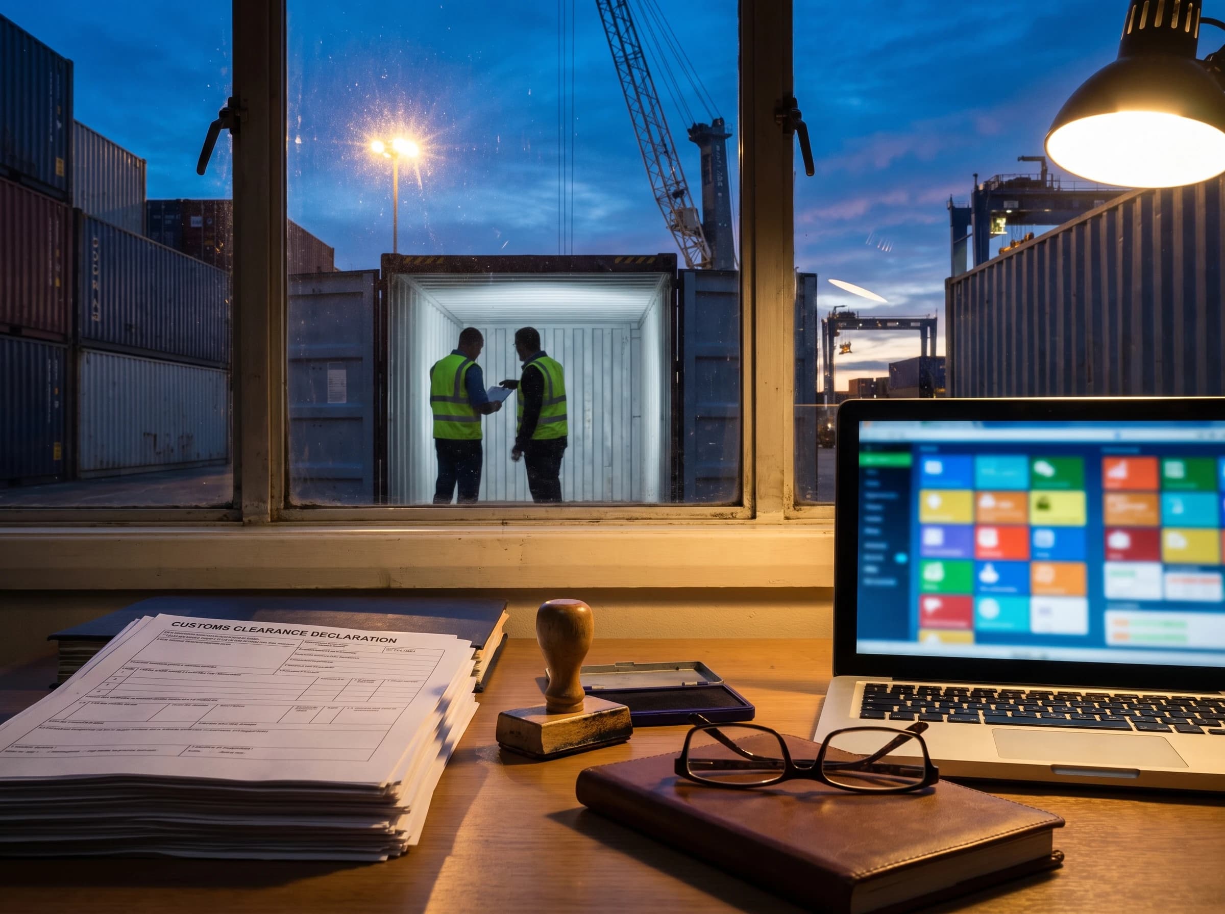 Photograph of a customs broker's desk at dusk with clearance declarations, a stamp, and a laptop, overlooking two officers inspecting an open shipping container at a port