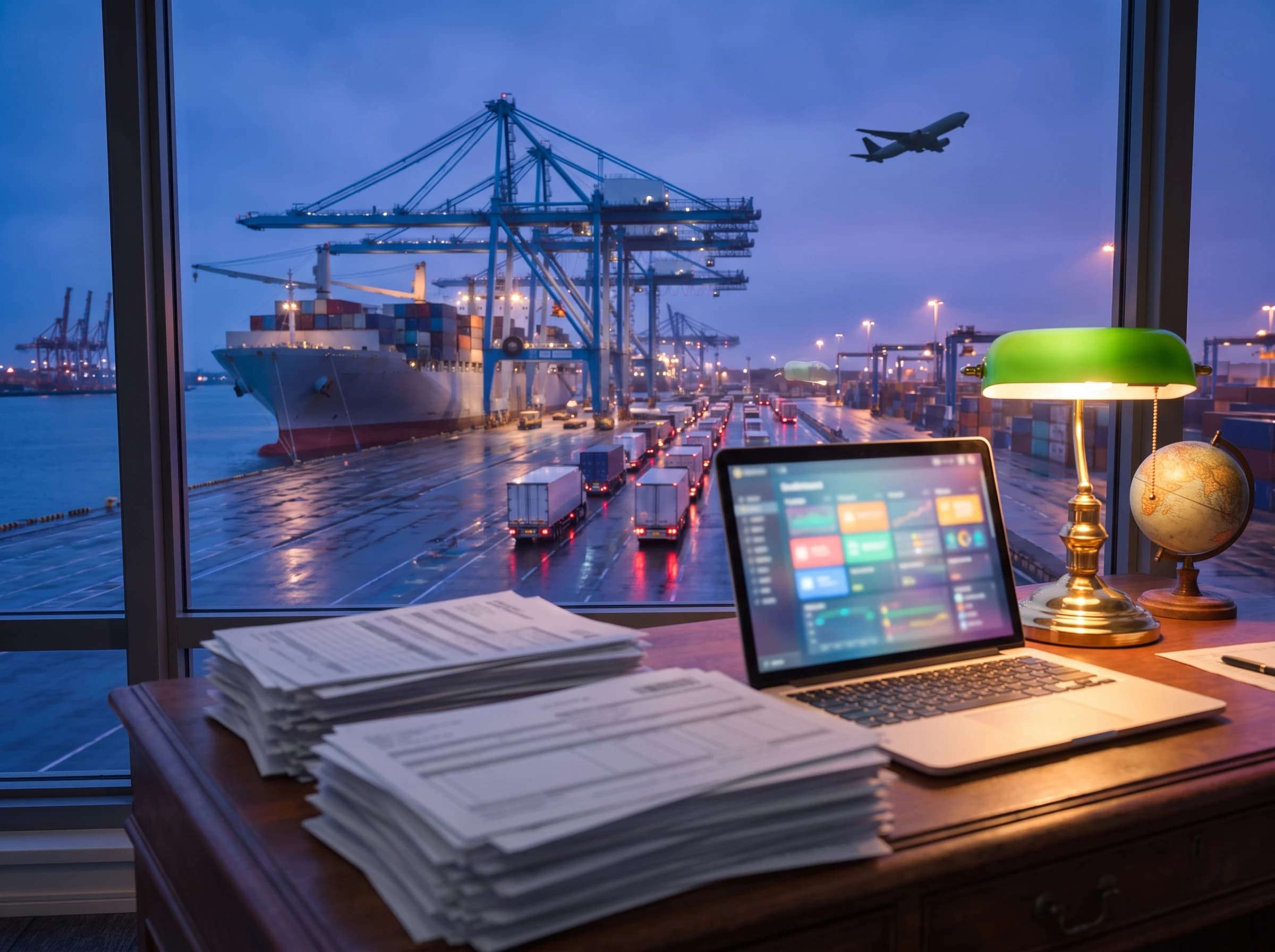 Photograph of a freight forwarder's desk at dusk with shipping documents and a laptop, overlooking a container ship, a queue of trucks, and a departing cargo plane at a multi-modal port