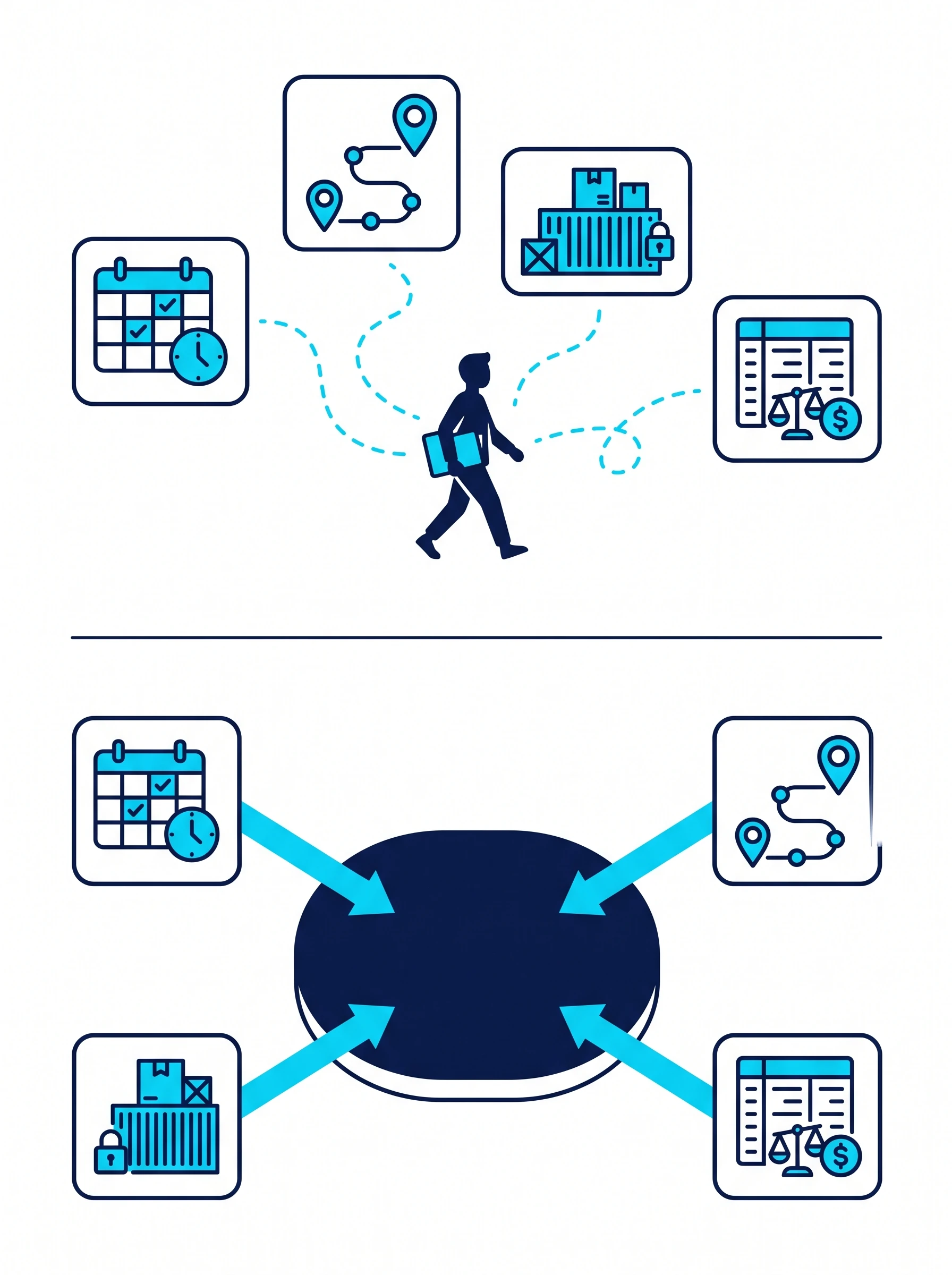 Illustration of four disconnected tools for booking, tracking, containers, and accounting needing a person to carry data between them, versus the same four tools connected directly into one unified platform