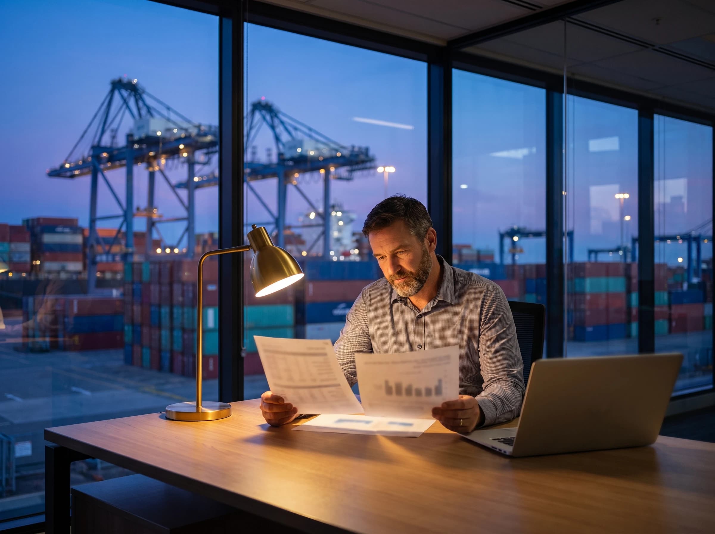 Photograph of a logistics operations manager at an office desk at dusk comparing two printed reports side by side next to an open laptop, overlooking an Australian container shipping port with cranes and stacked containers through the window at blue hour