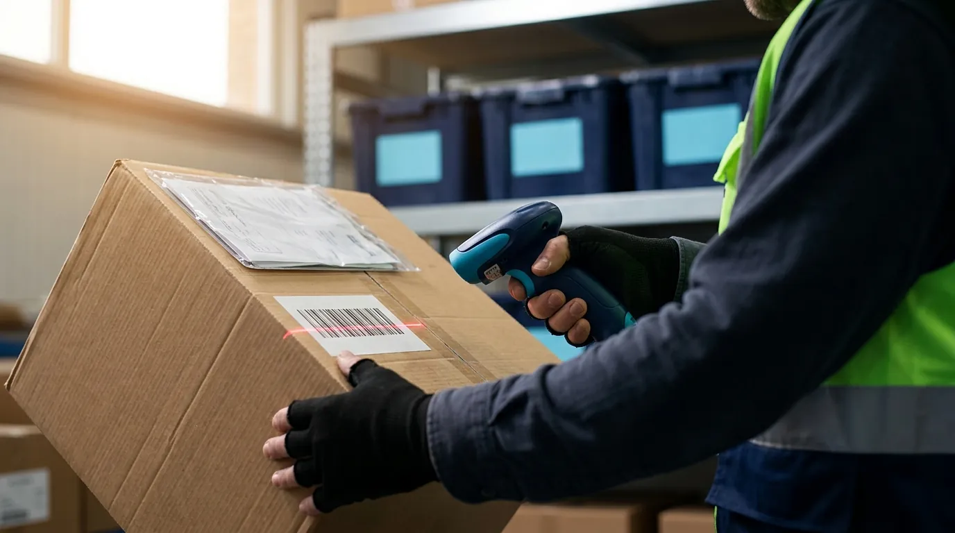 Warehouse worker scanning barcode on air freight carton