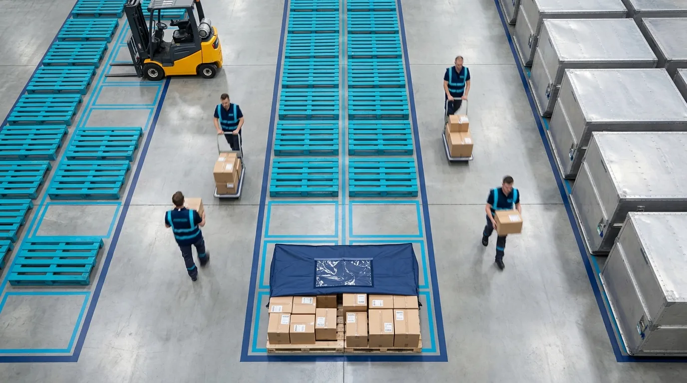 Overhead view of organized air cargo warehouse layout