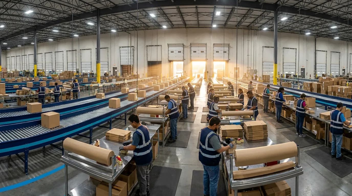 Wide shot of distribution center packing and conveyor operations