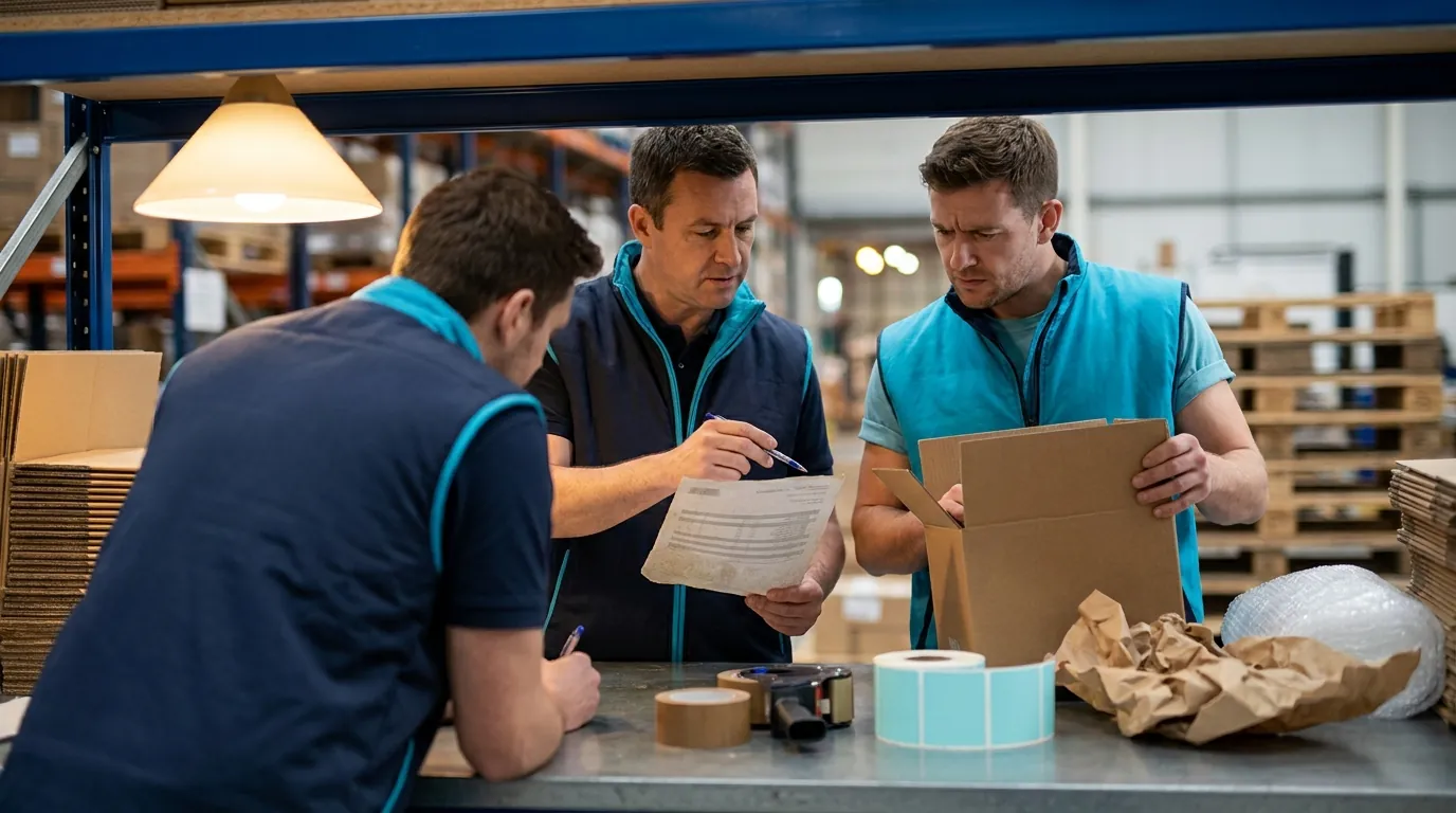 Two workers checking shipping documents at packing station