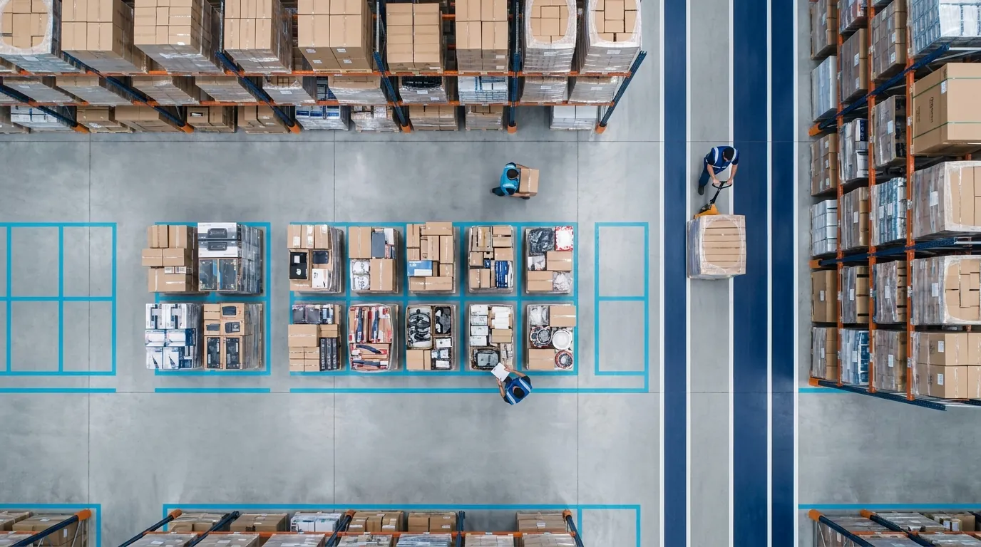 Aerial view of organized warehouse floor with staging areas