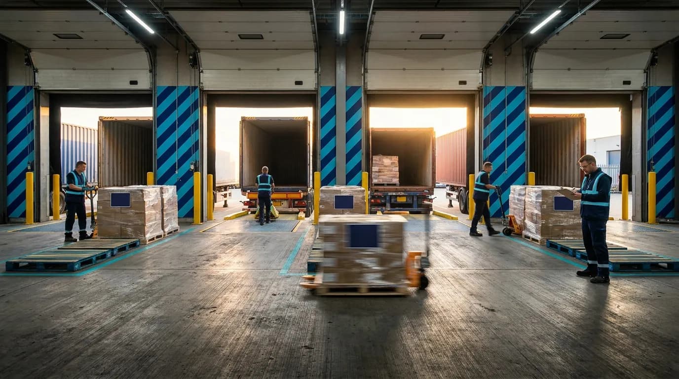 Workers loading pallets at busy warehouse loading dock