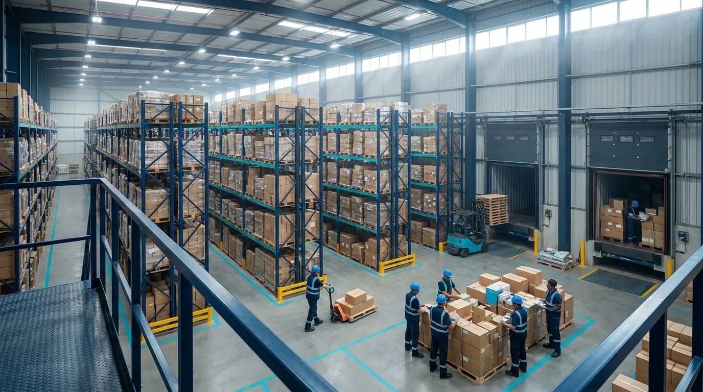 Wide shot of warehouse loading shipping containers