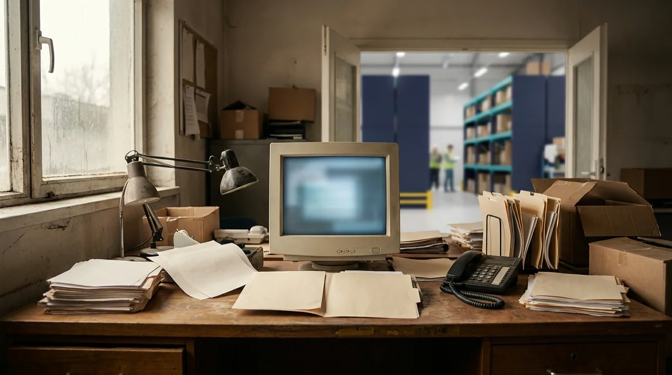 An overwhelmed freight dispatcher surrounded by paper printouts at a cluttered desk, phone in hand