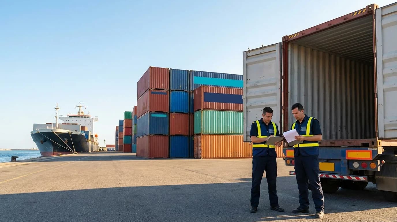 Customs officials inspecting shipping containers at a busy port, representing dual AU/NZ customs clearance