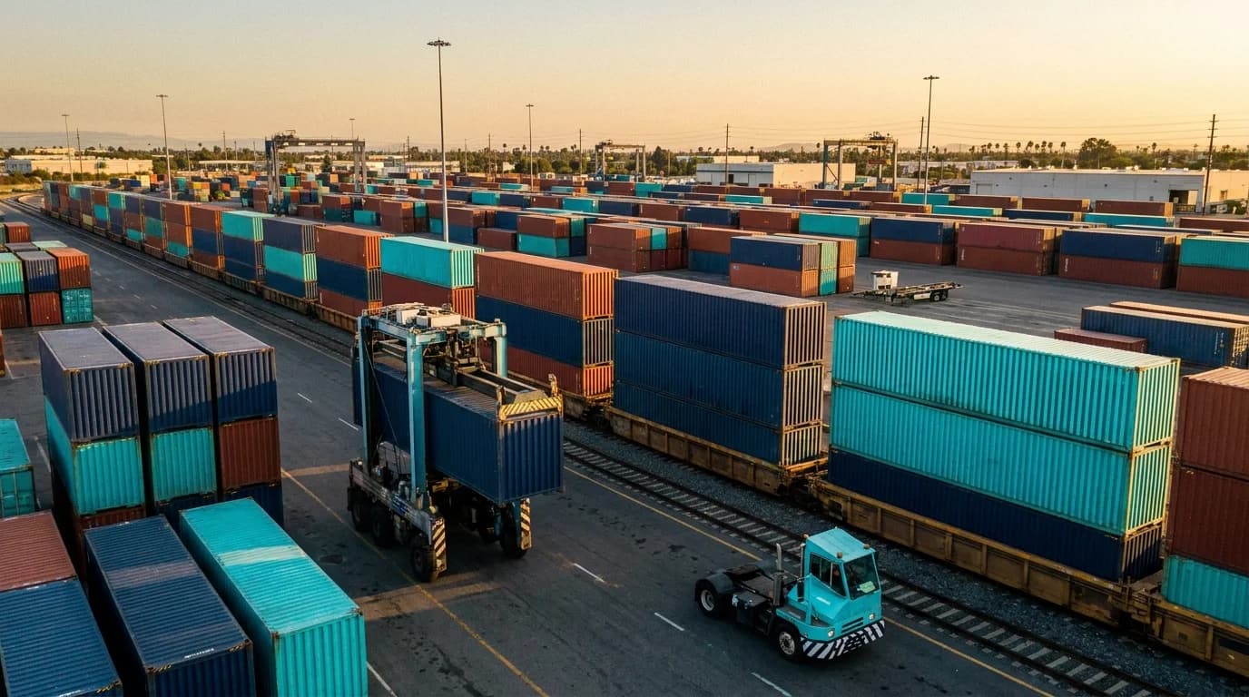 Shipping containers being loaded from a rail yard onto a freight train at a logistics terminal