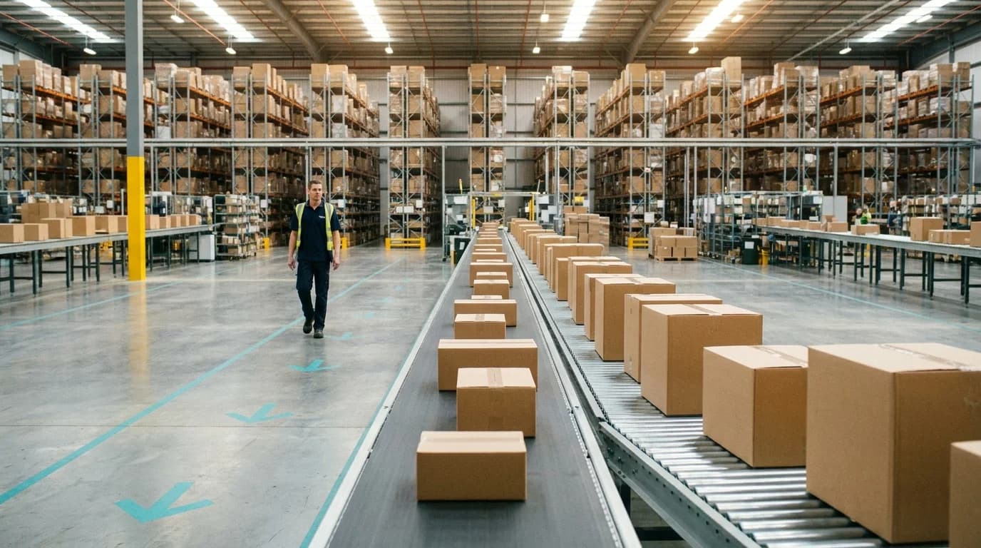 Warehouse workers sorting parcels on a conveyor belt in a modern ecommerce fulfillment center