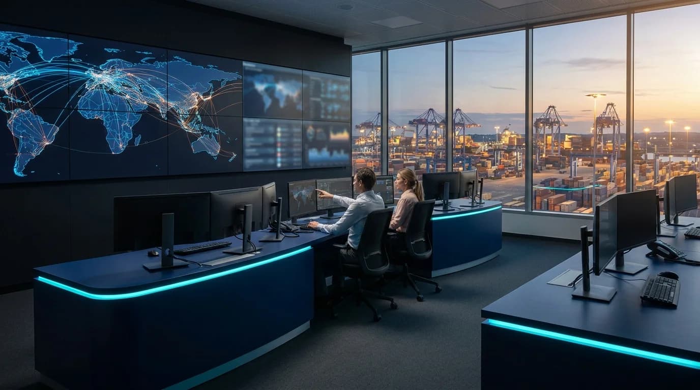 A logistics operations control room with staff monitoring shipment tracking screens overlooking a port