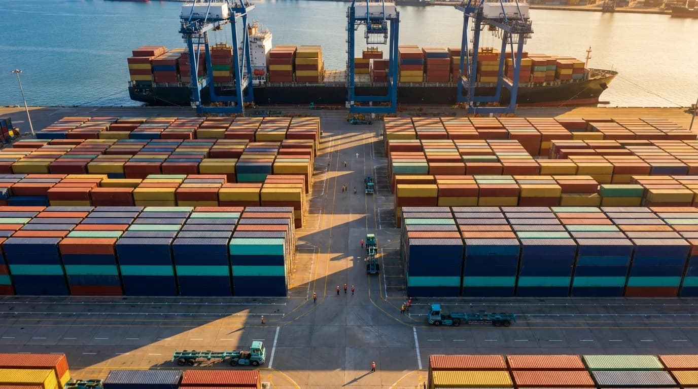 Aerial view of a container ship being loaded at a busy port terminal