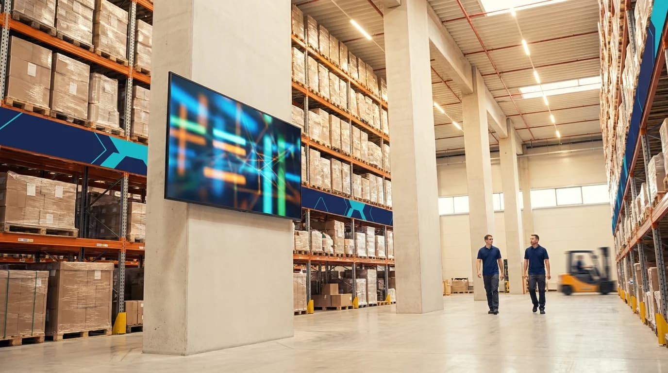 A freight forwarder using a tablet to check real-time shipment status with a warehouse in the background