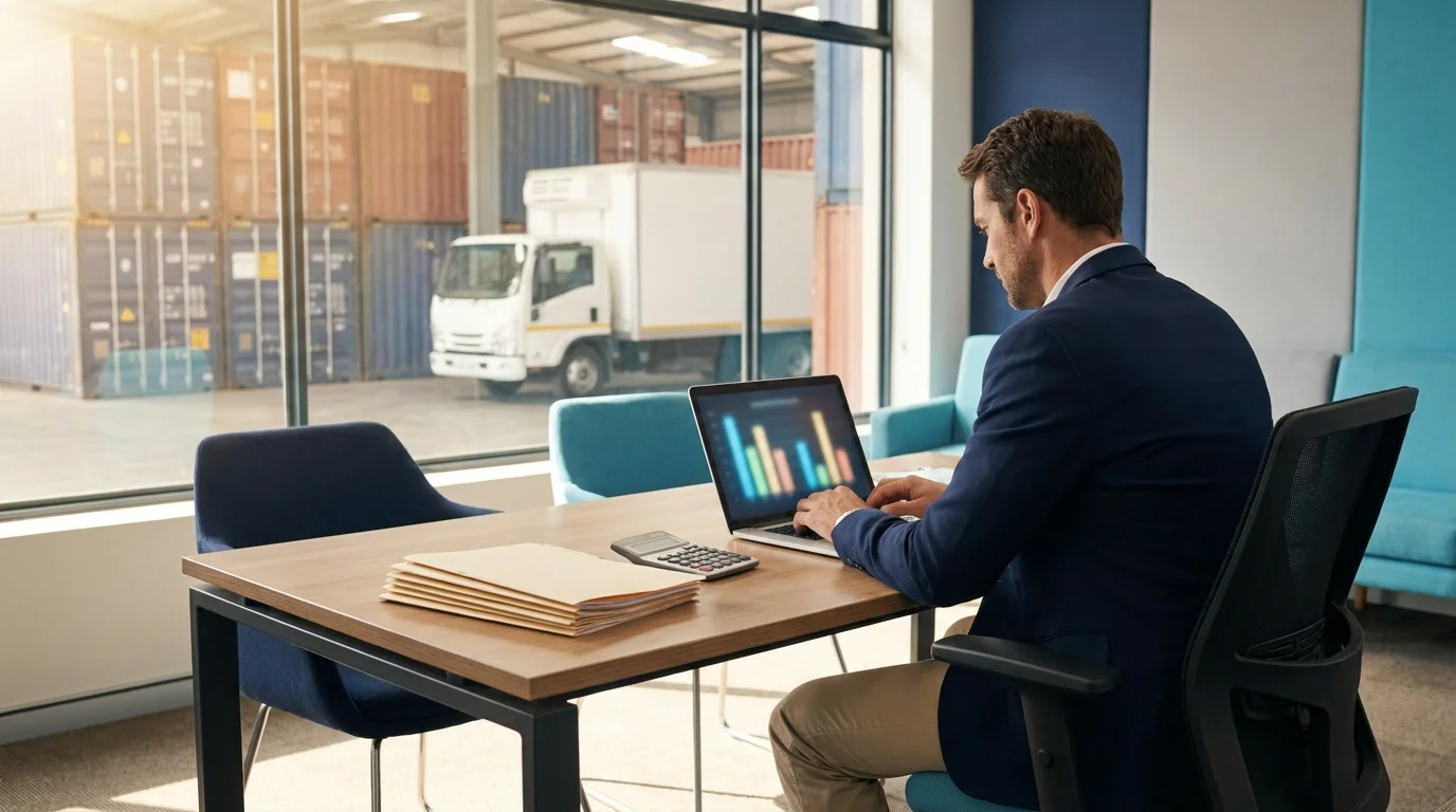 A freight forwarding office worker reviewing accounts at a desk with a warehouse visible through the window