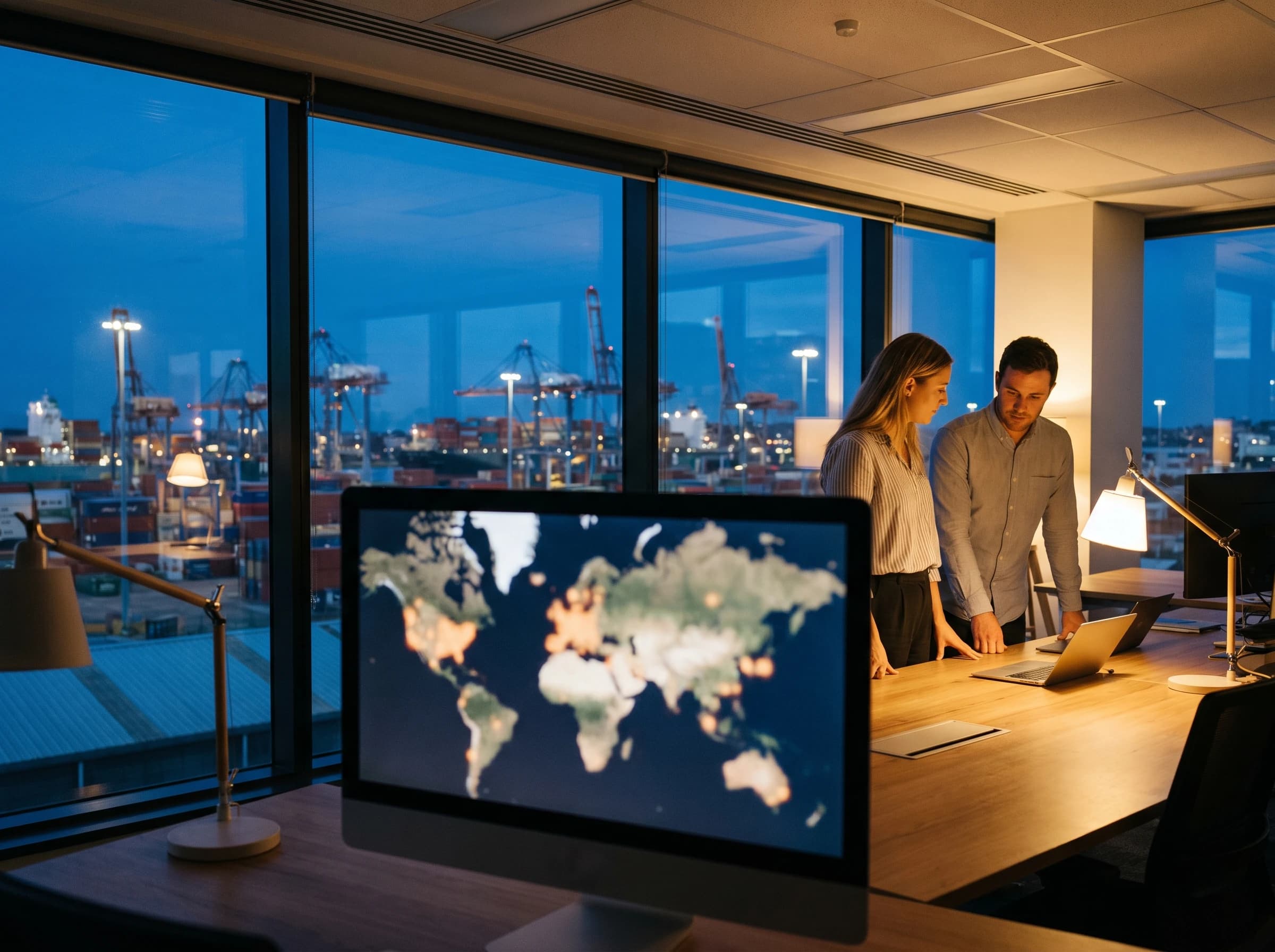Photograph of two colleagues collaborating at a standing desk in a modern software company office at dusk, overlooking an Australian container shipping port at blue hour