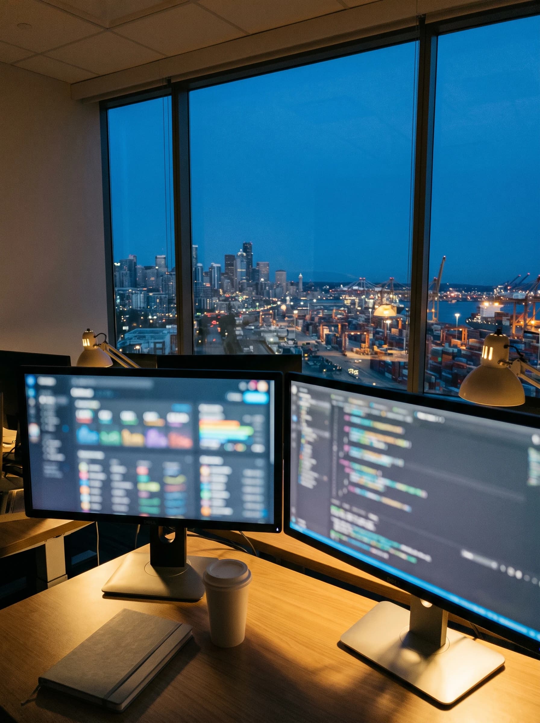Photograph of a software developer's dual-monitor workstation at dusk, overlooking a city skyline and container shipping port at blue hour