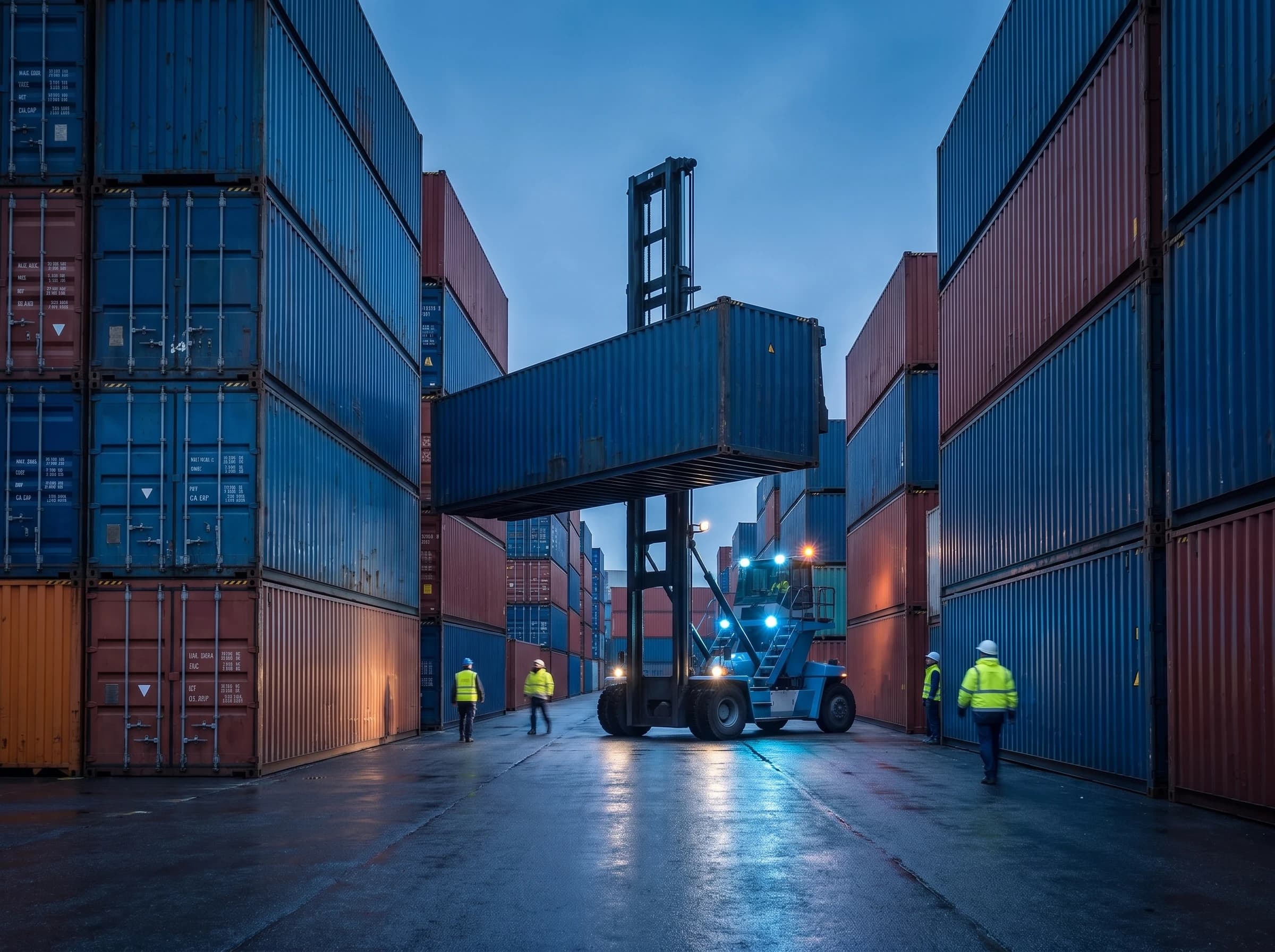 Photograph of a container yard at dusk with a reach stacker lifting a shipping container between tall stacks of containers