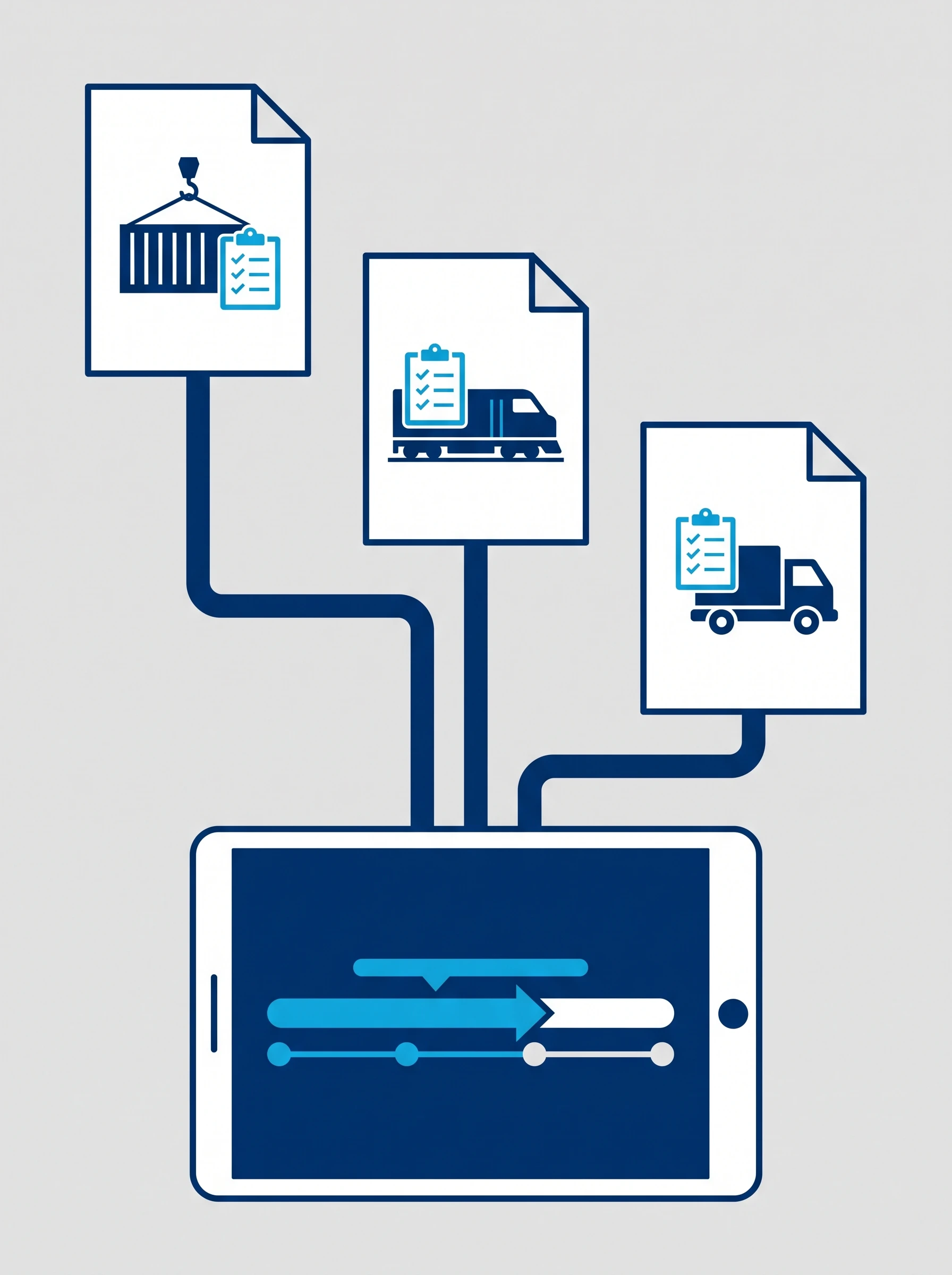 Illustration of separate container, rail, and road-freight paperwork each converging into one shared tracking tablet