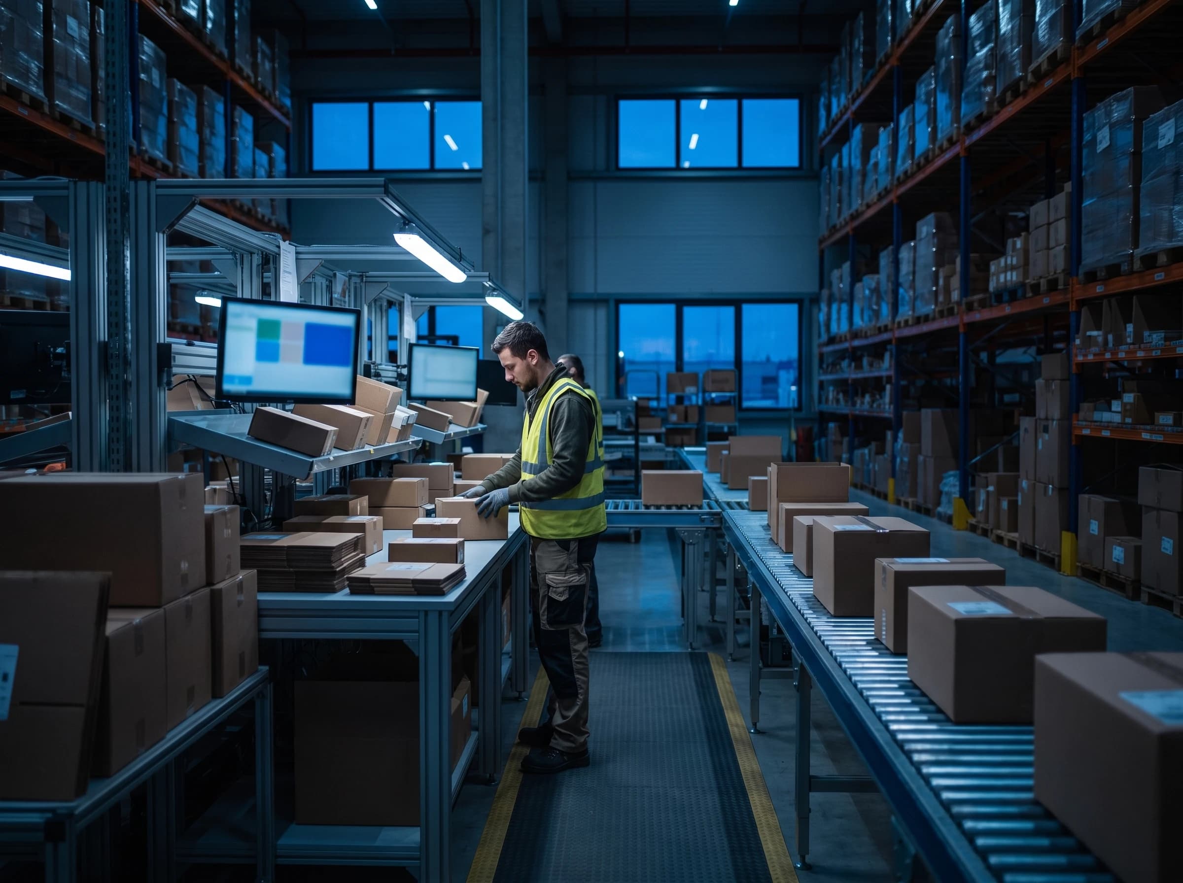 Photograph of a warehouse ecommerce fulfillment floor at dusk, a worker in a hi-vis vest at a pick-and-pack station with parcels moving along a conveyor belt