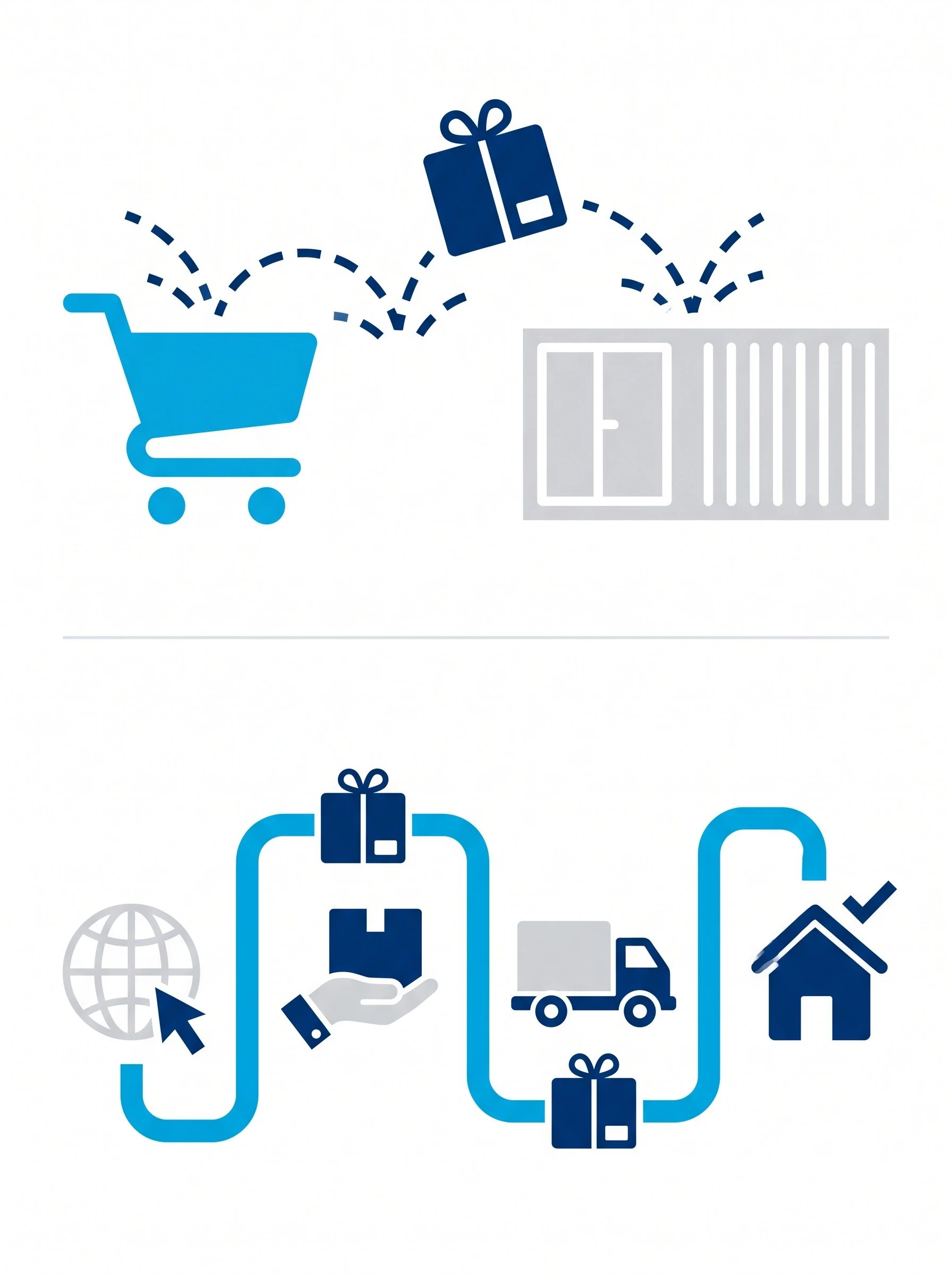 Illustration of a parcel bouncing disconnectedly between separate ecommerce and freight system icons, versus the same parcel flowing smoothly through one connected path from import to pick, pack, and ship