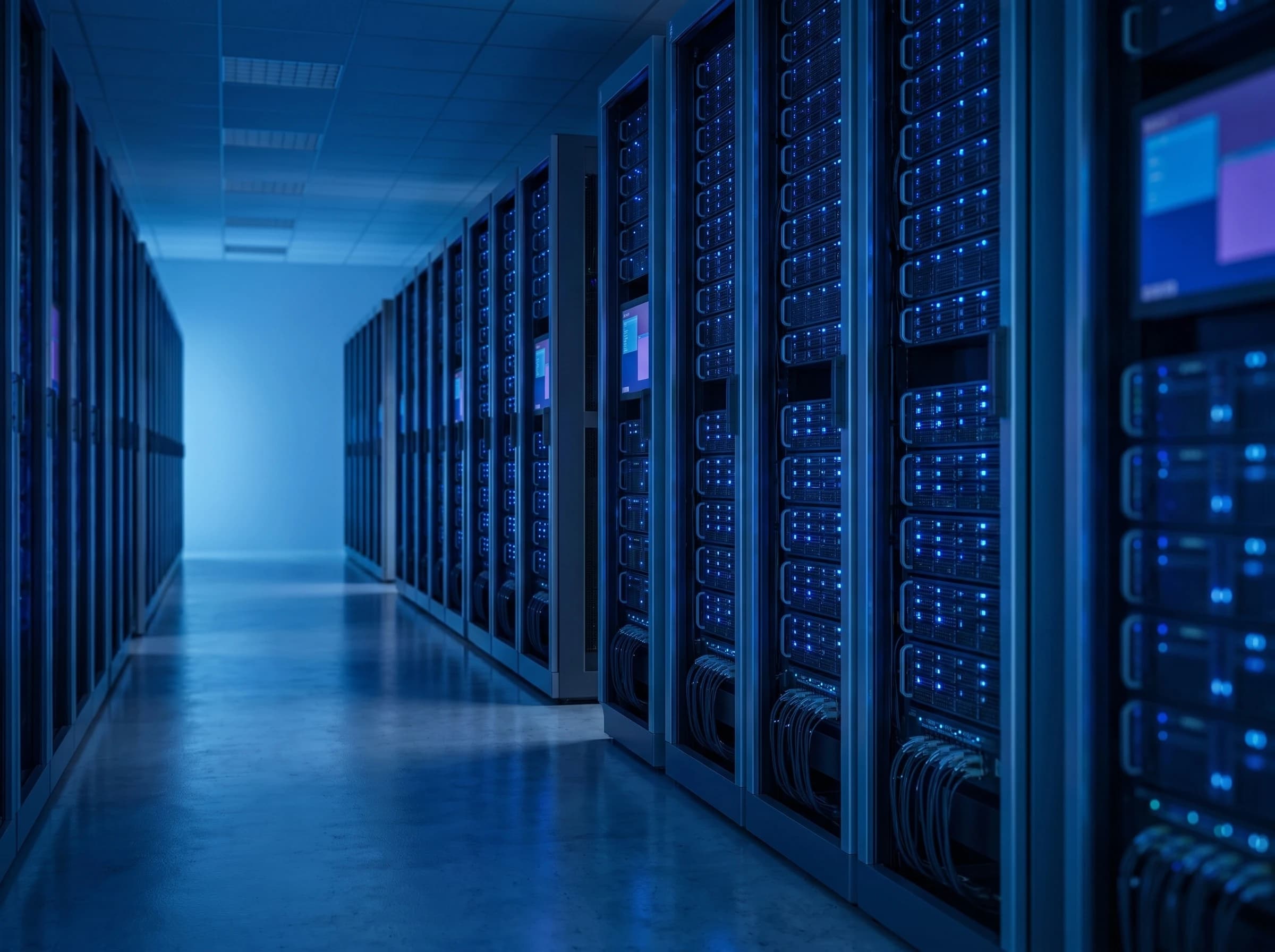 Photograph of a data center server room corridor at night lined with server racks glowing with blue LED status lights