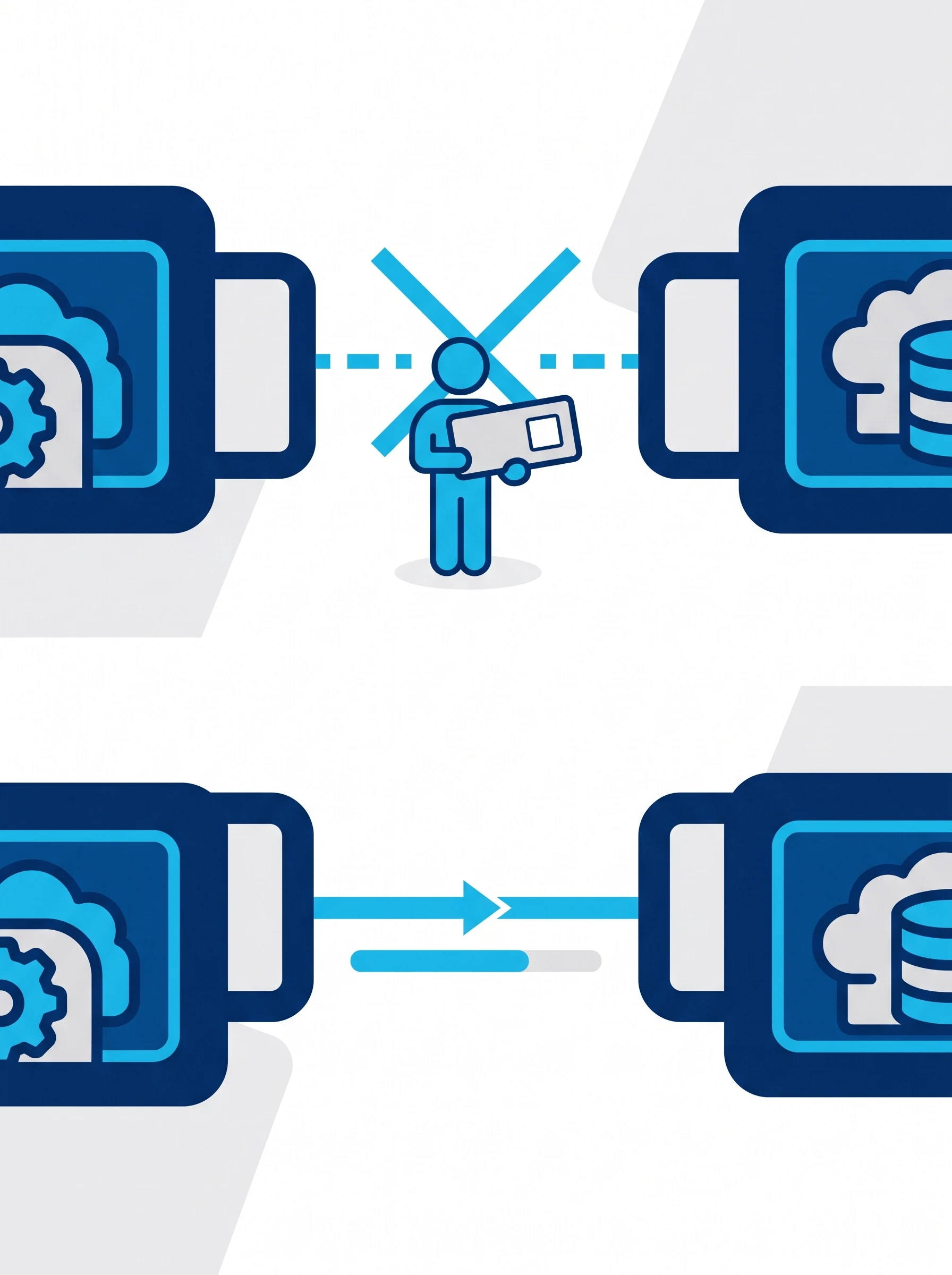 Illustration of a middleman blocking a direct connection between two systems being removed, replaced by a direct line connecting the two systems