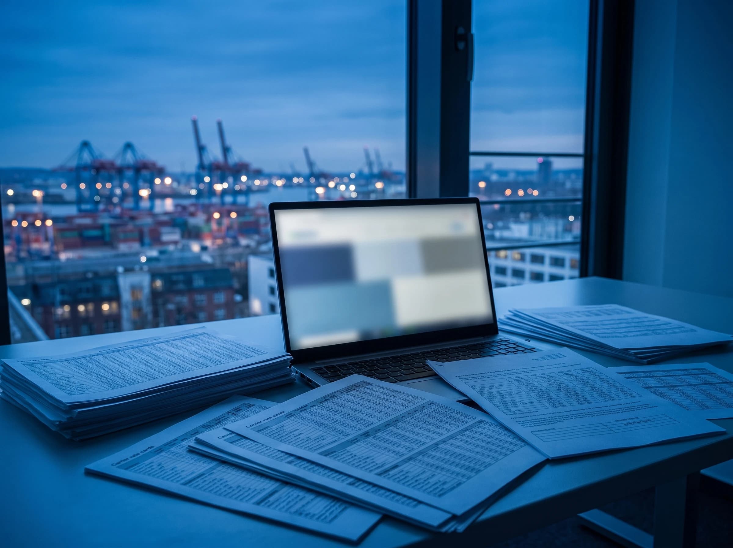 Photograph of an office desk at dusk with carrier rate cards and a laptop, overlooking a city and port skyline at blue hour