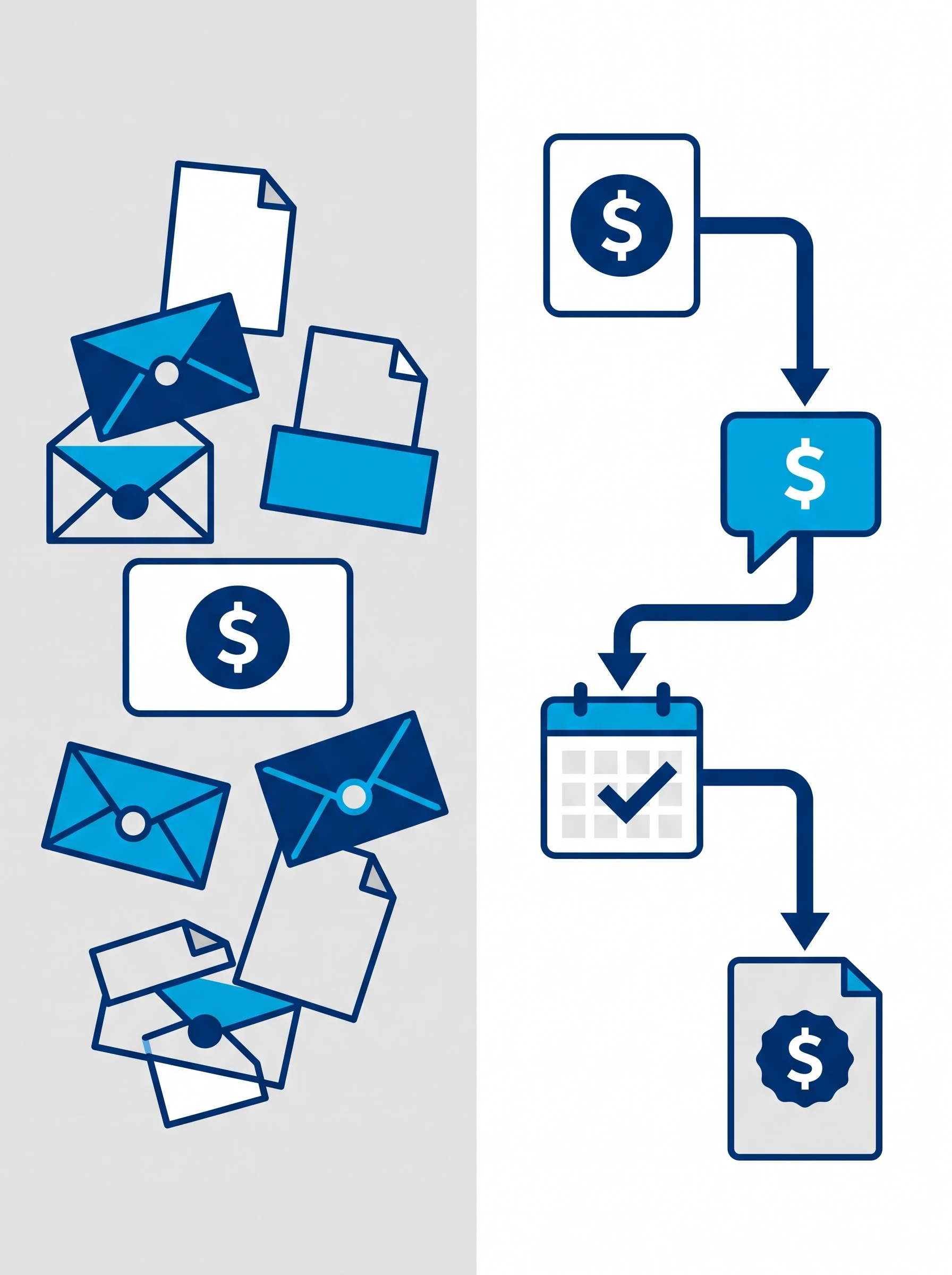 Illustration of scattered rate documents and envelopes on one side, versus a connected flow from rate card to quote to booking to invoice on the other