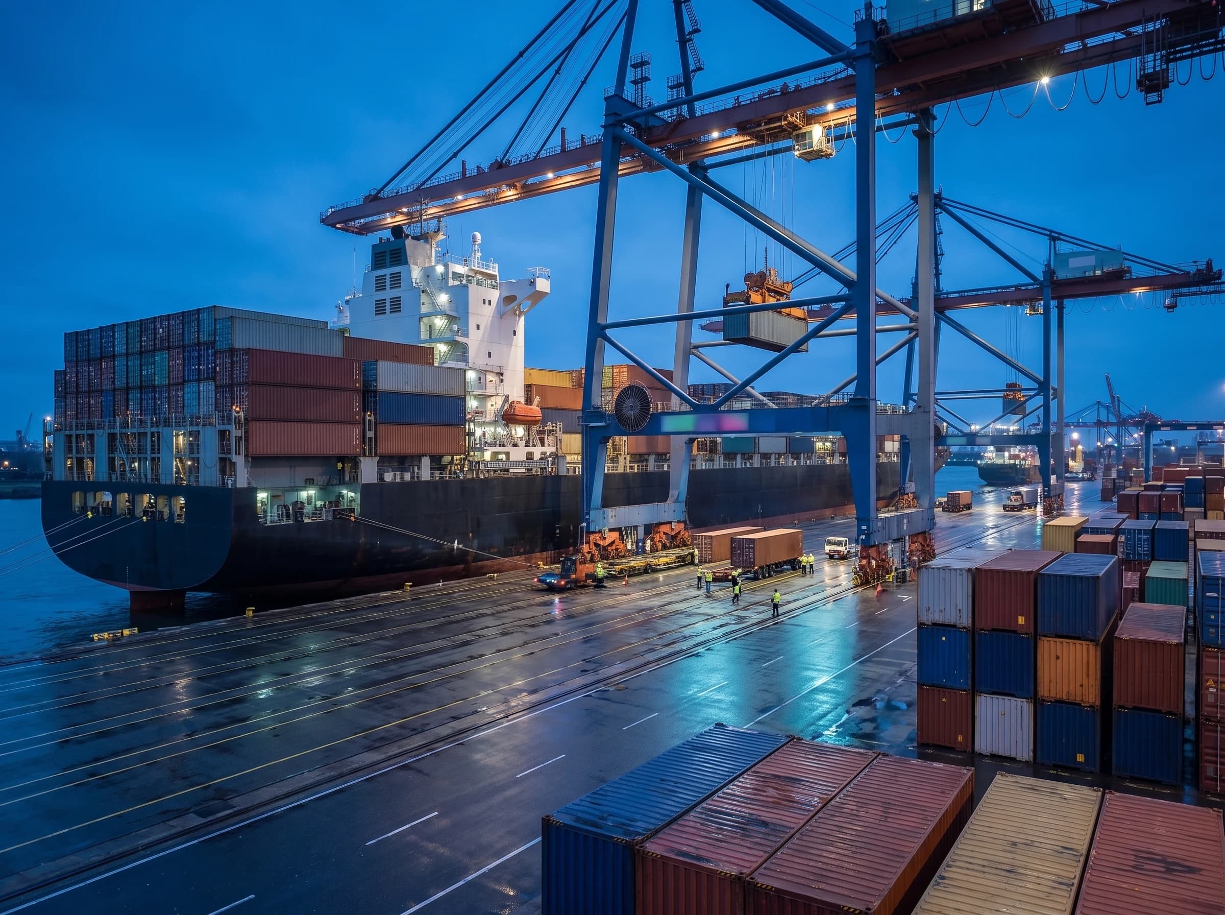 Photograph of a container ship docked at a port at dusk being loaded by a gantry crane, with stacks of cargo containers on the dock
