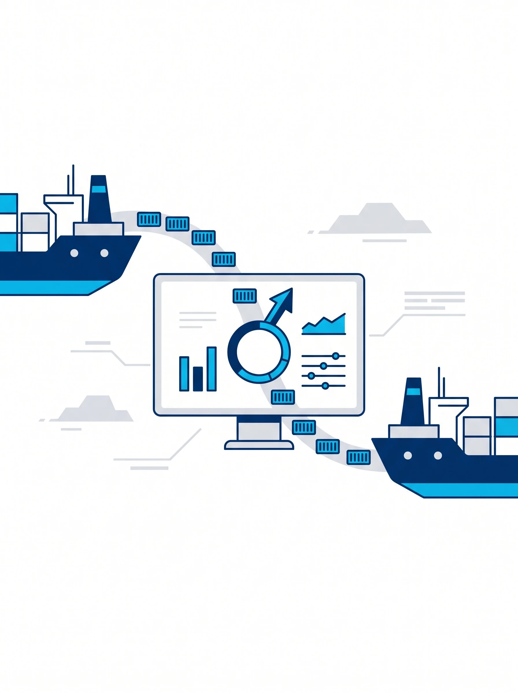 Illustration of an arriving import ship and a departing export ship both connecting into one shared dashboard, showing two shipment flows merging into a single system