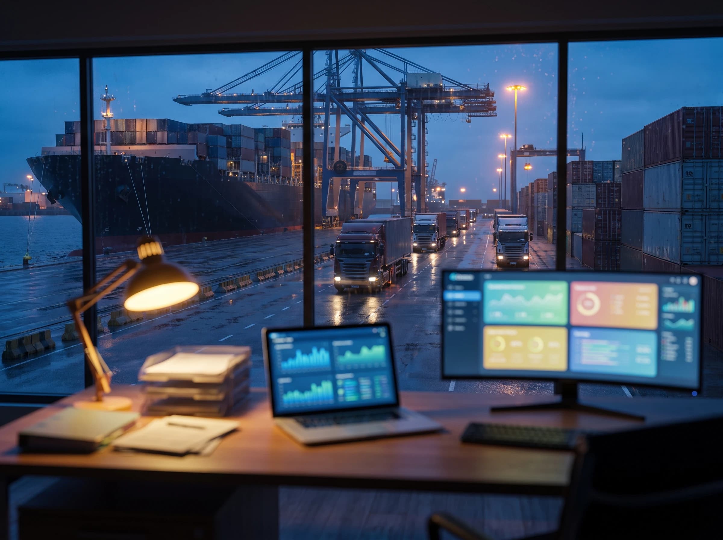 Photograph of a logistics operations desk at dusk with multiple dashboard monitors, overlooking a container ship, gantry cranes, and a queue of trucks at a multi-modal port