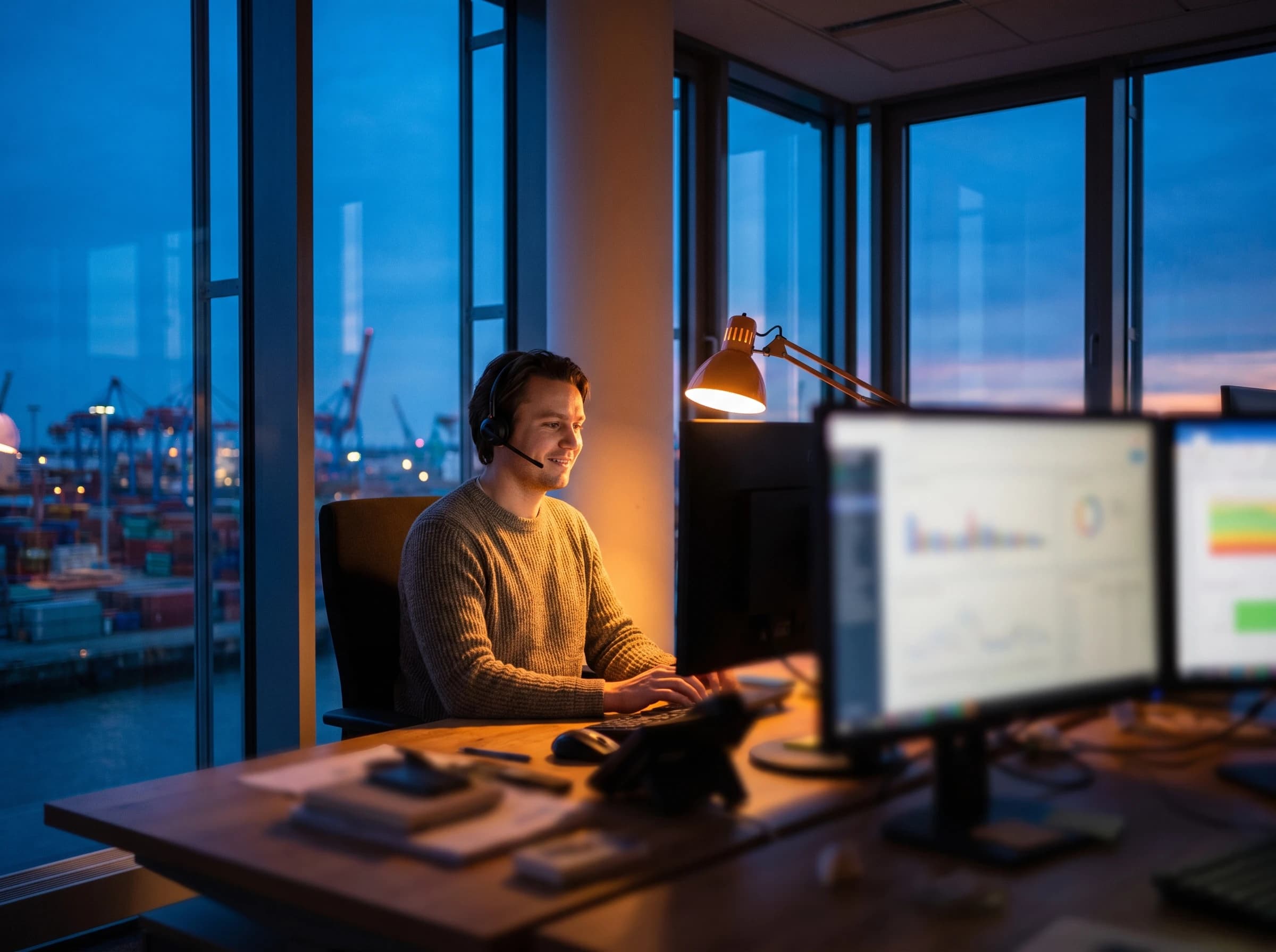 Photograph of a support specialist wearing a headset at a dual-monitor desk at dusk, with a desk lamp glowing and an Australian container shipping port visible through the window behind him