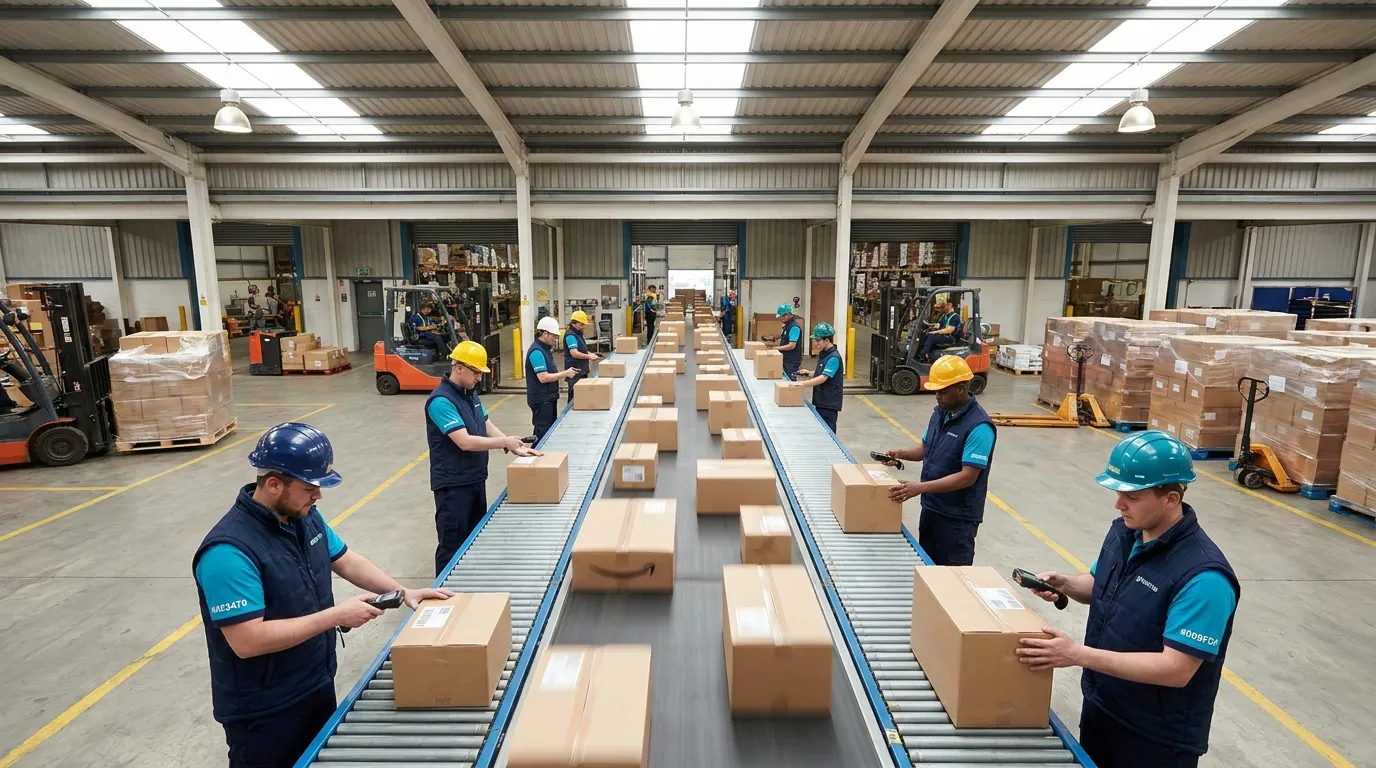 Warehouse with conveyor and workers scanning.